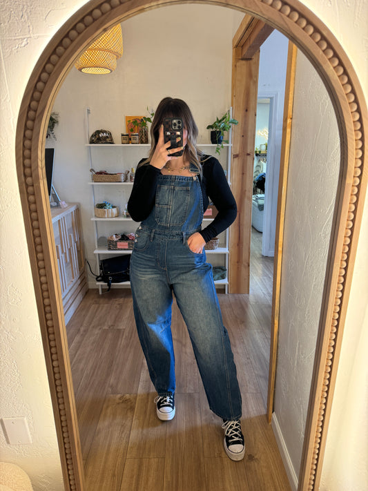 Dark Wash Barrel Overalls