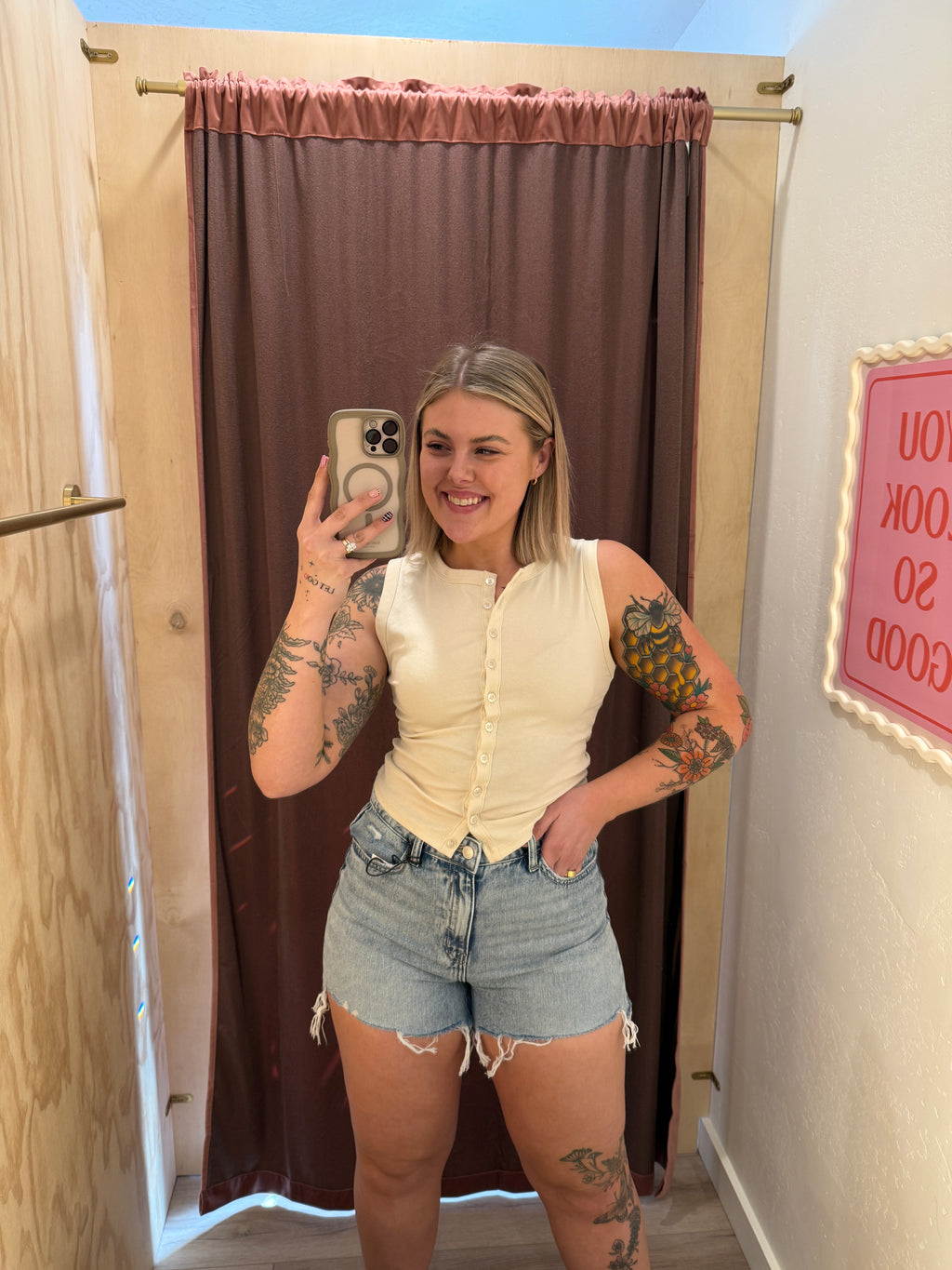High Rise Light Wash Cotton Denim Shorts