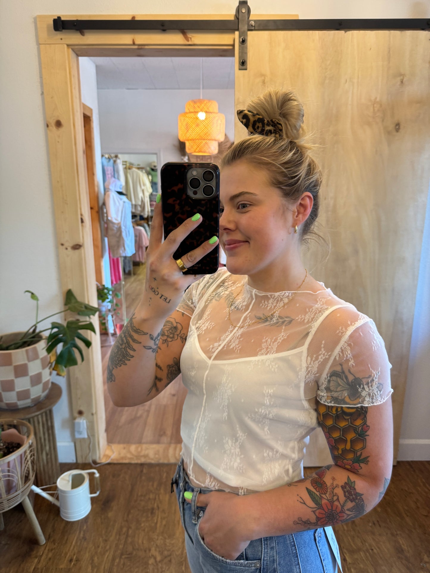 Lace Short Sleeve w/ Tank Top Lined Top