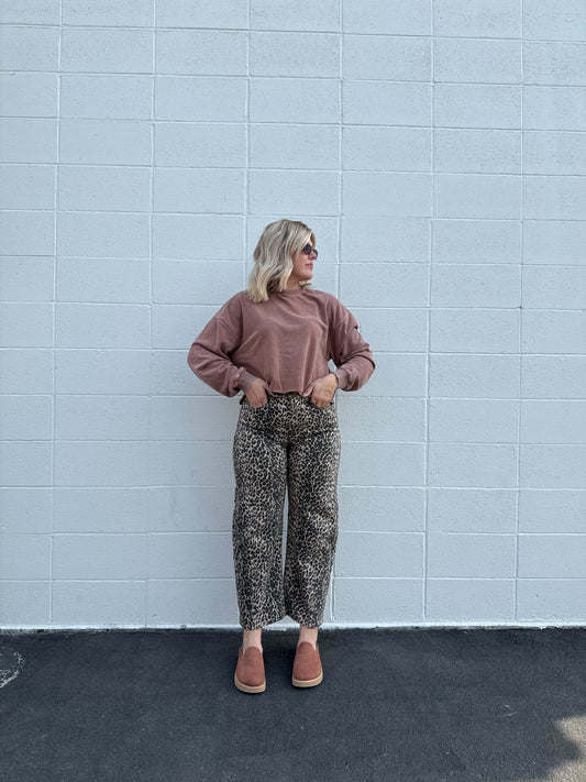 High Rise Leopard Barrel Jeans
