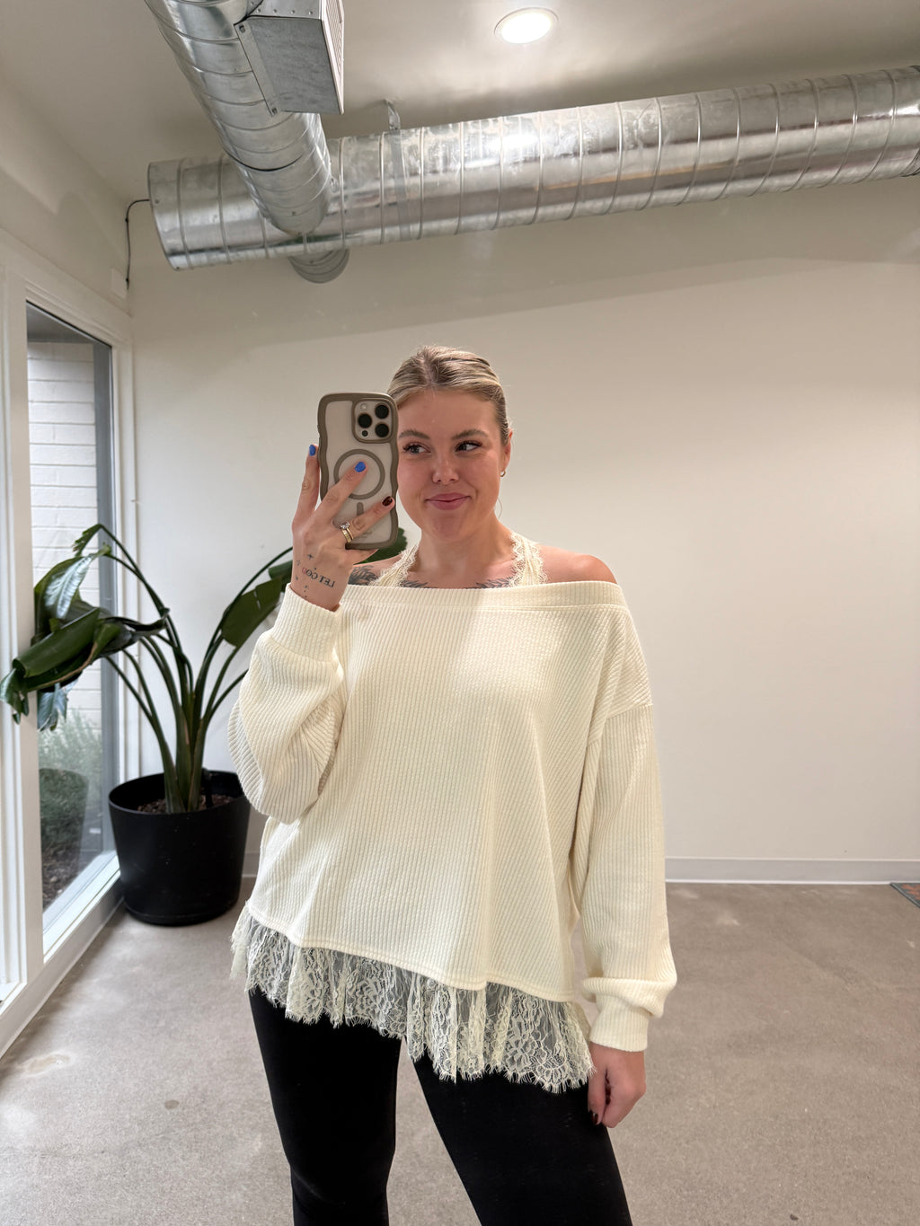 Jillian Lace Edge Off Shoulder Sweater