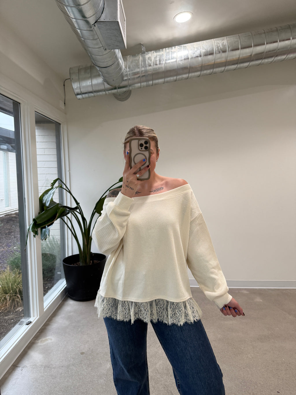 Jillian Lace Edge Off Shoulder Sweater