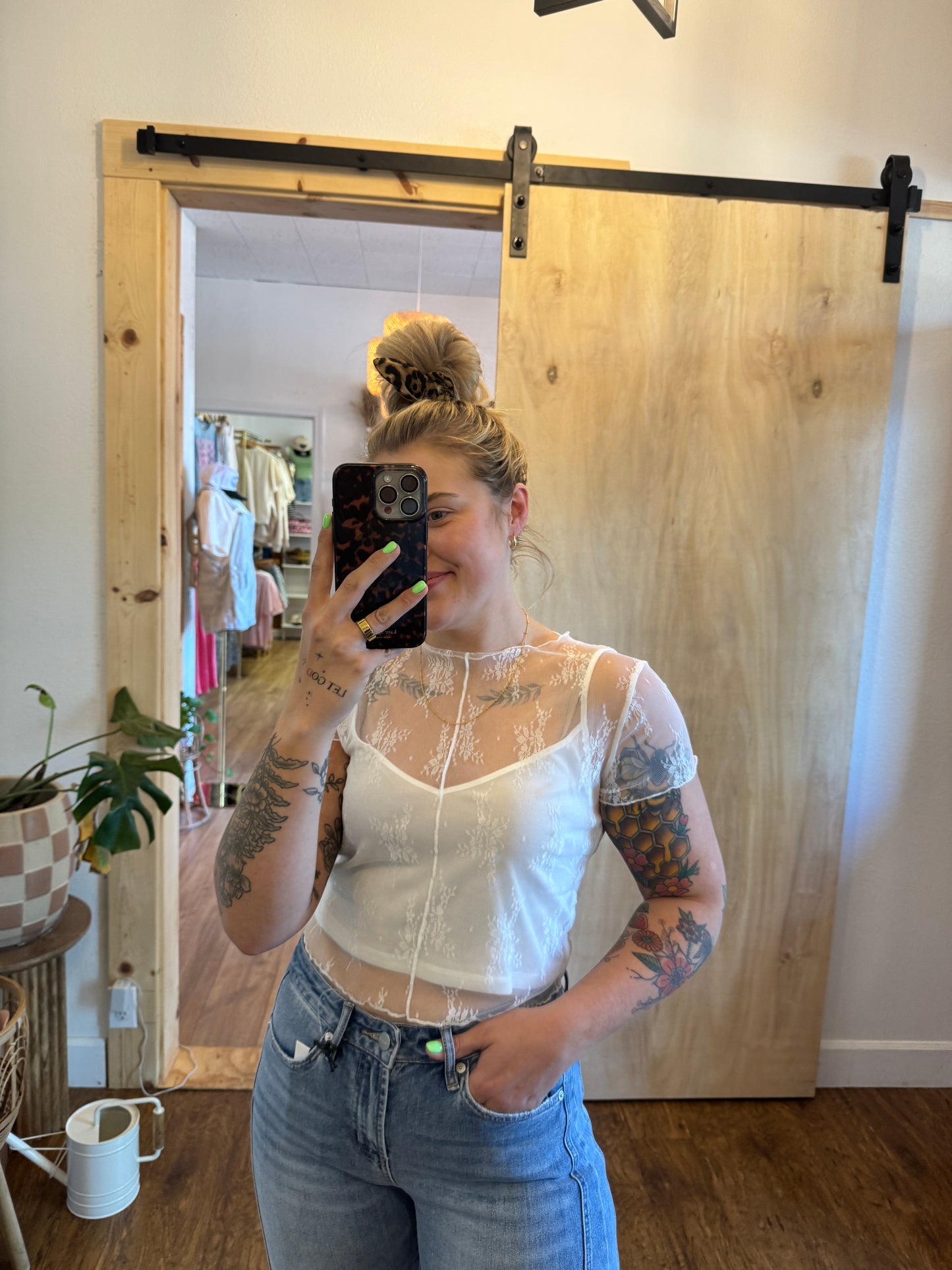 Lace Short Sleeve w/ Tank Top Lined Top