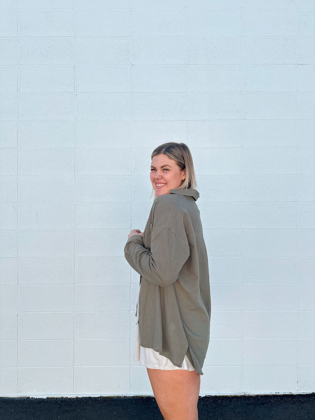 Olive Gauze Button Down Top