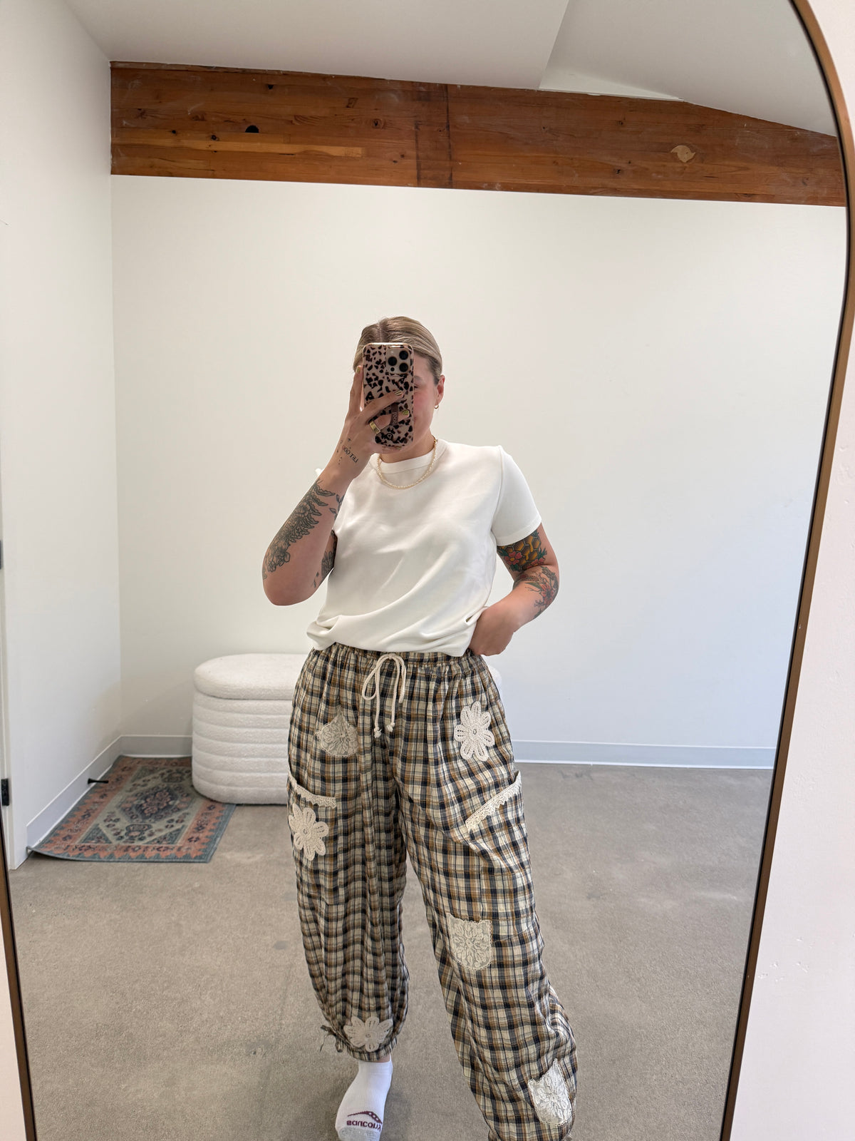Dainty Crochet Plaid Balloon Pants