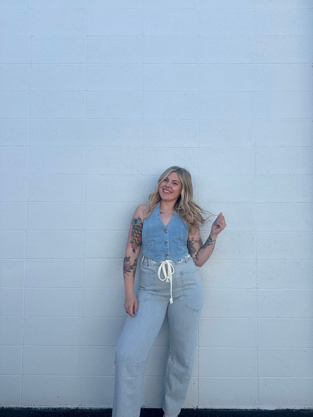 Eyelet Rope Striped Denim Pants