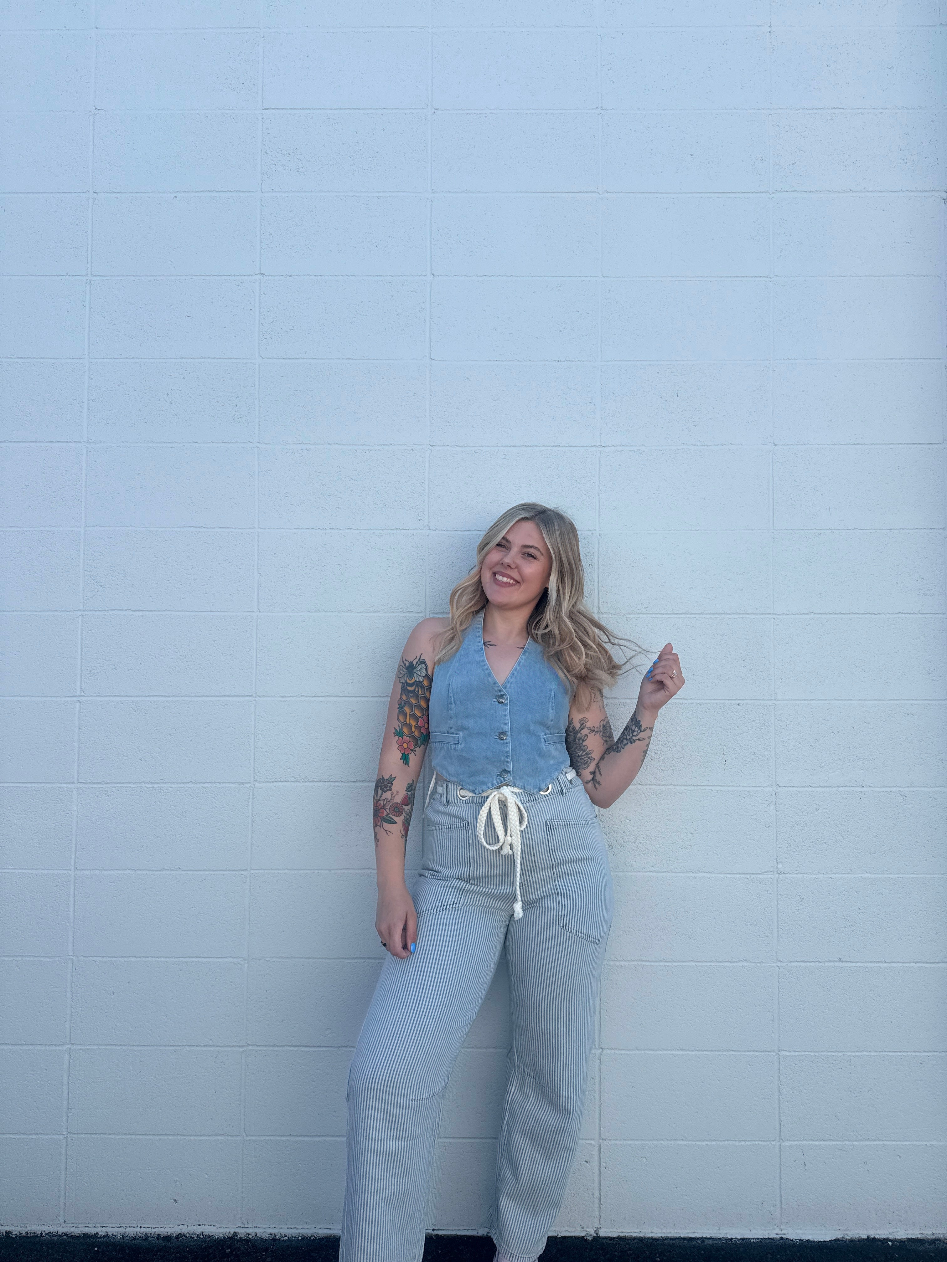 Eyelet Rope Striped Denim Pants
