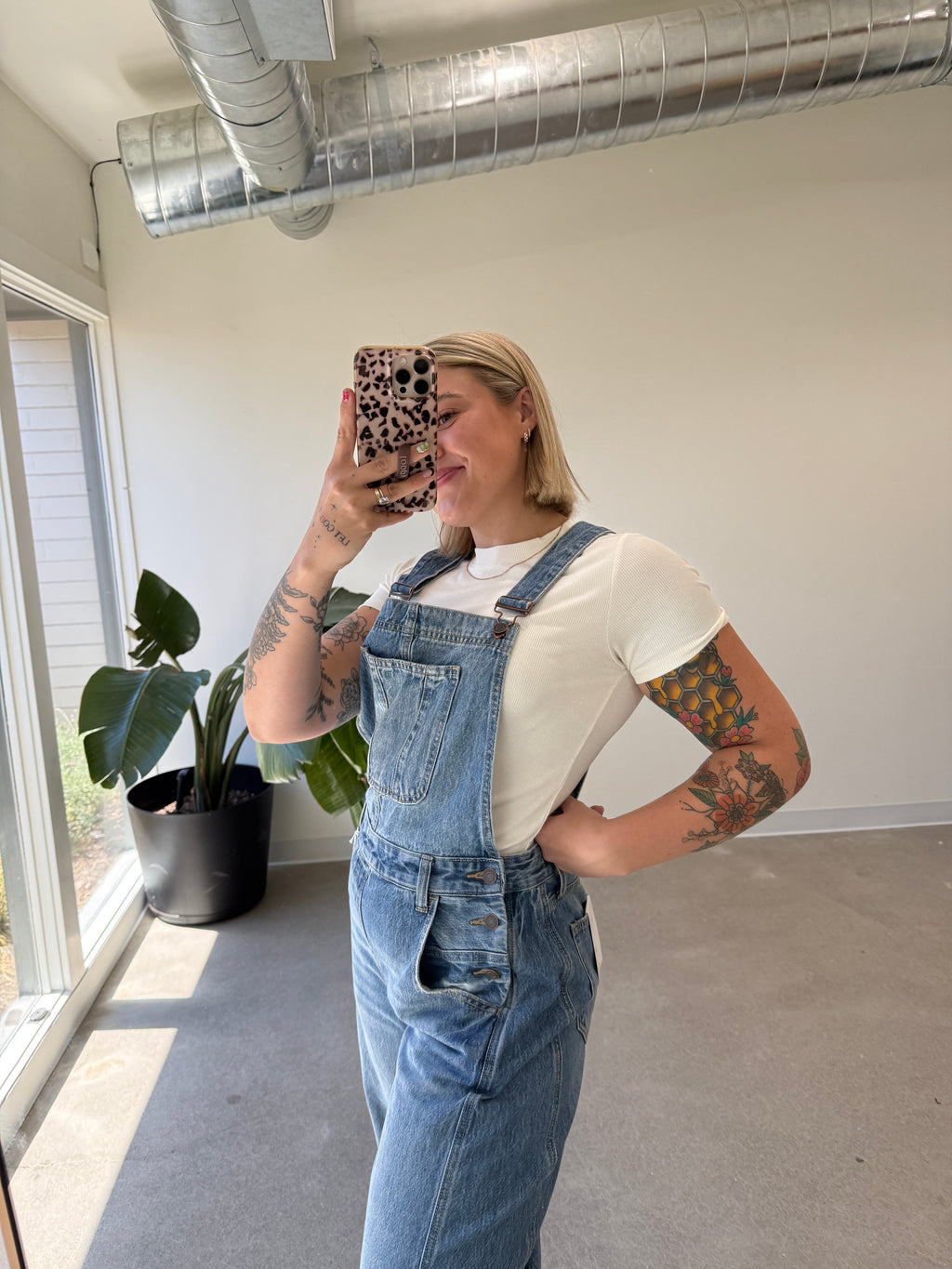 Mid Waisted Barrel Overall - Medium Wash