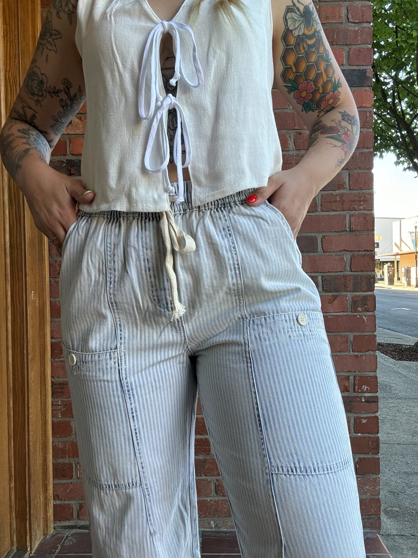 Washed Stripe Cargo Denim Pants