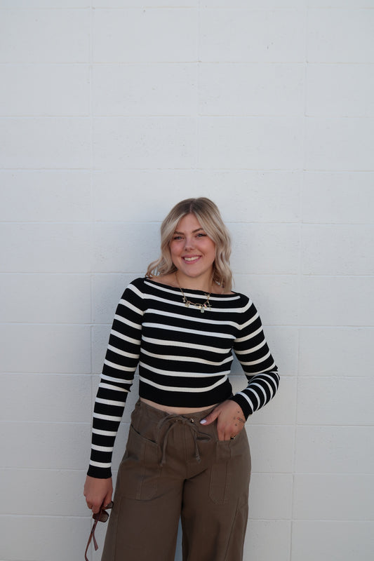 Striped Boatneck Long Sleeve Crop Knit Top