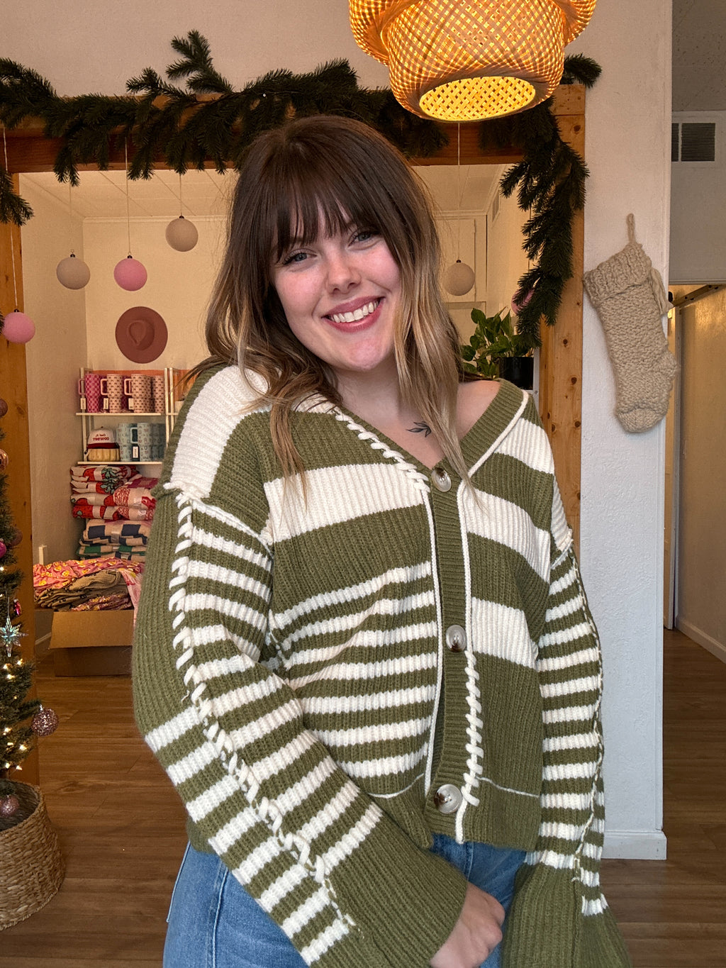 Multi-Stripe Button Front Whip Stitched Cardigan