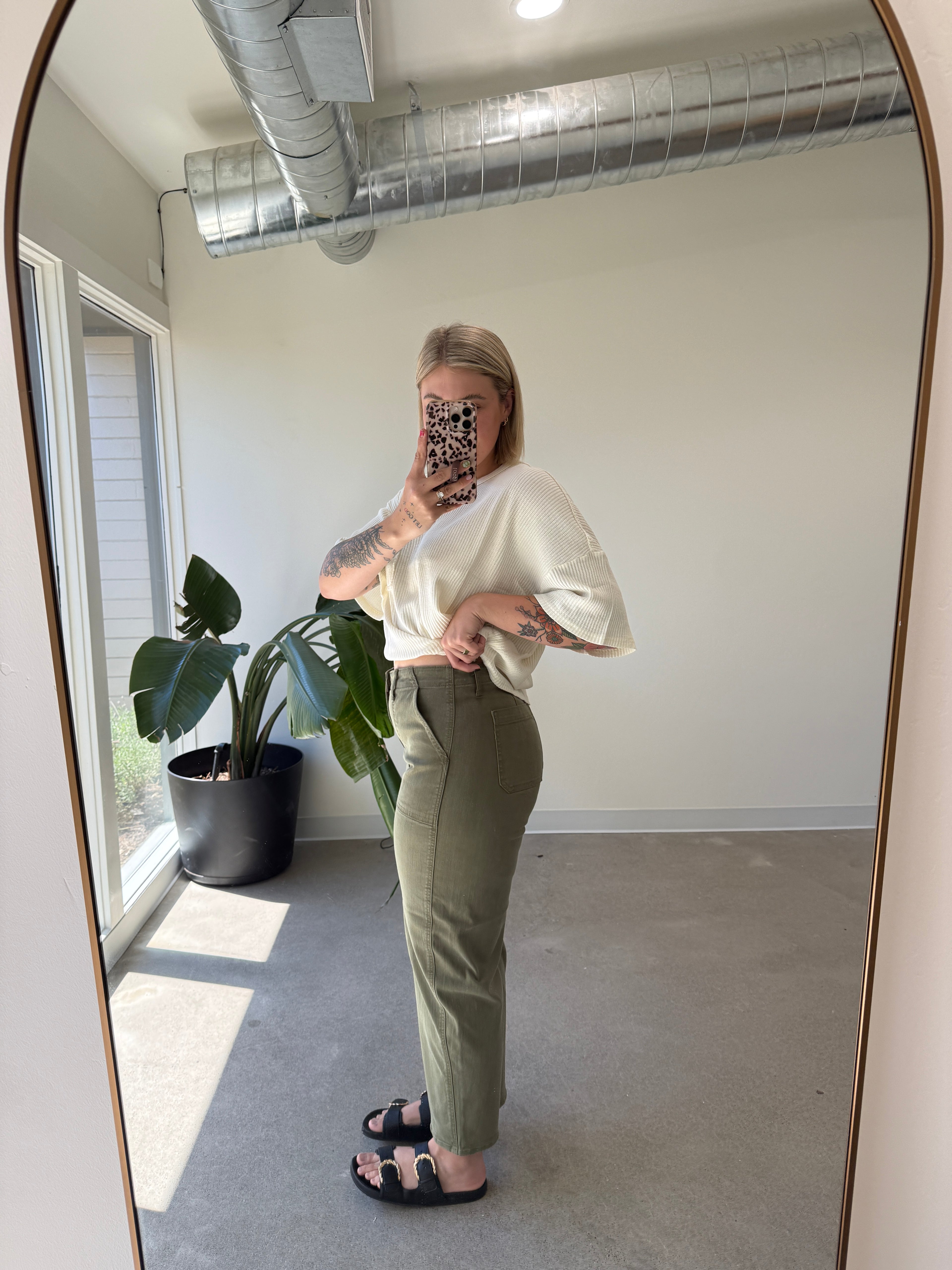 Olive Twill Utility Barrel Jeans
