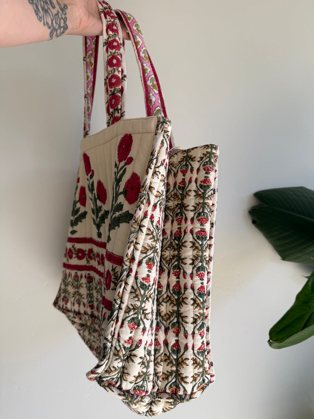 Quilted Pocket Detail Floral Botanical Tote Bag