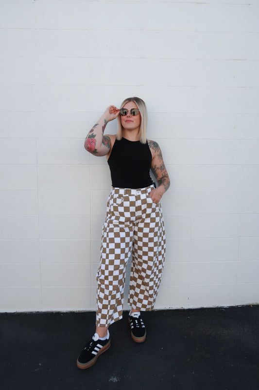 Checkered Barrel Denim Pants