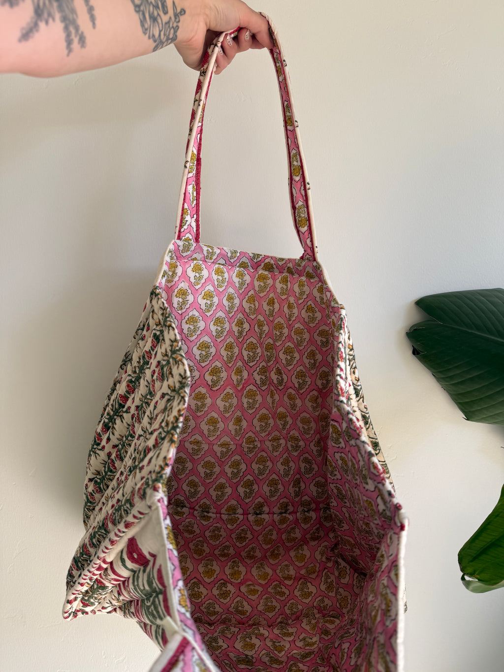 Quilted Pocket Detail Floral Botanical Tote Bag