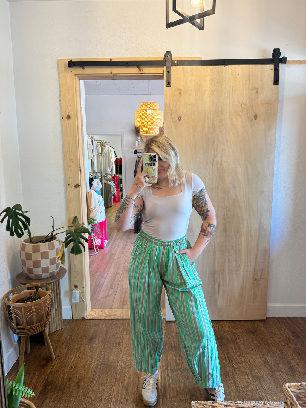 Electric Green Striped Parachute Pants