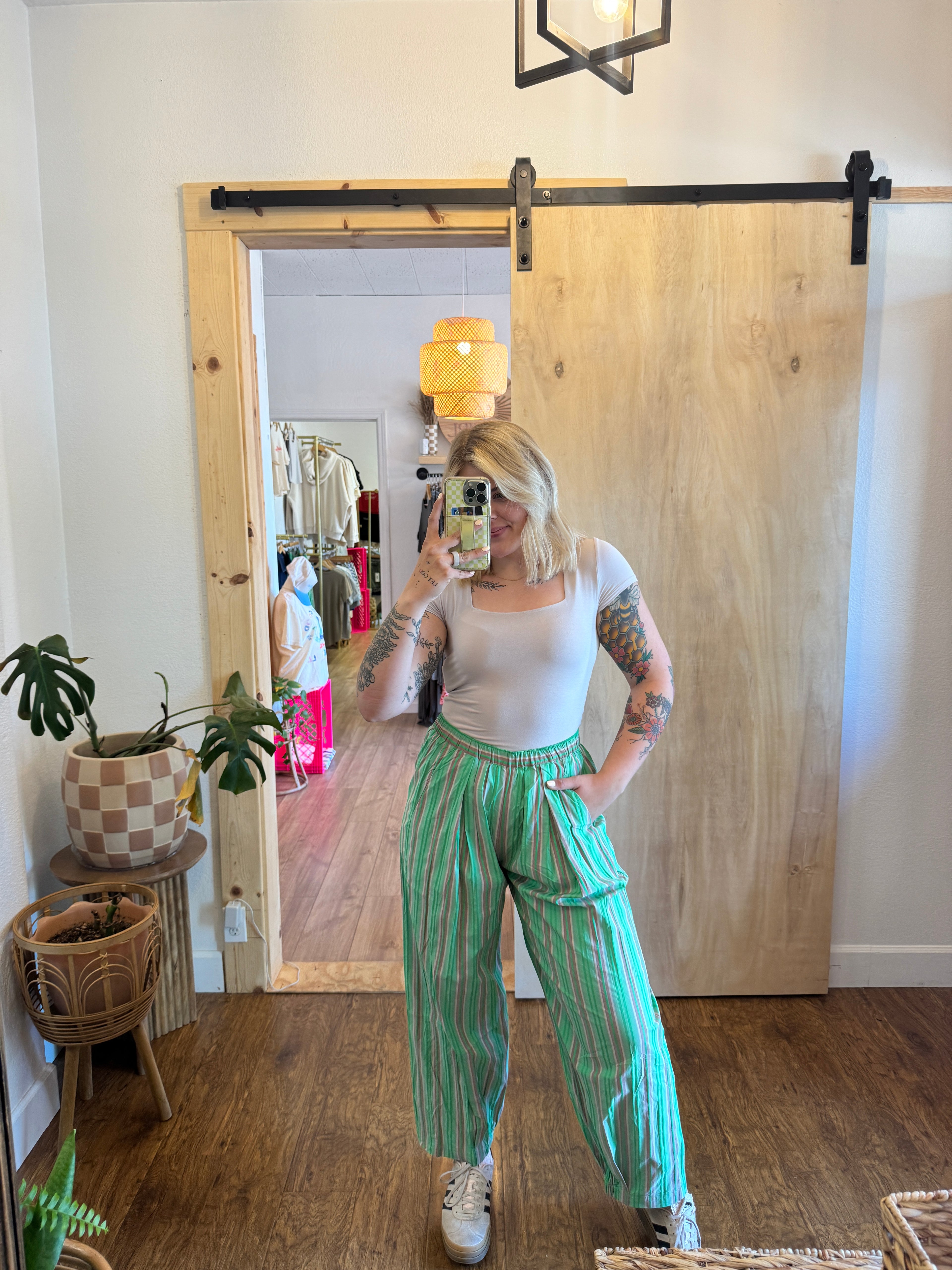 Electric Green Striped Parachute Pants