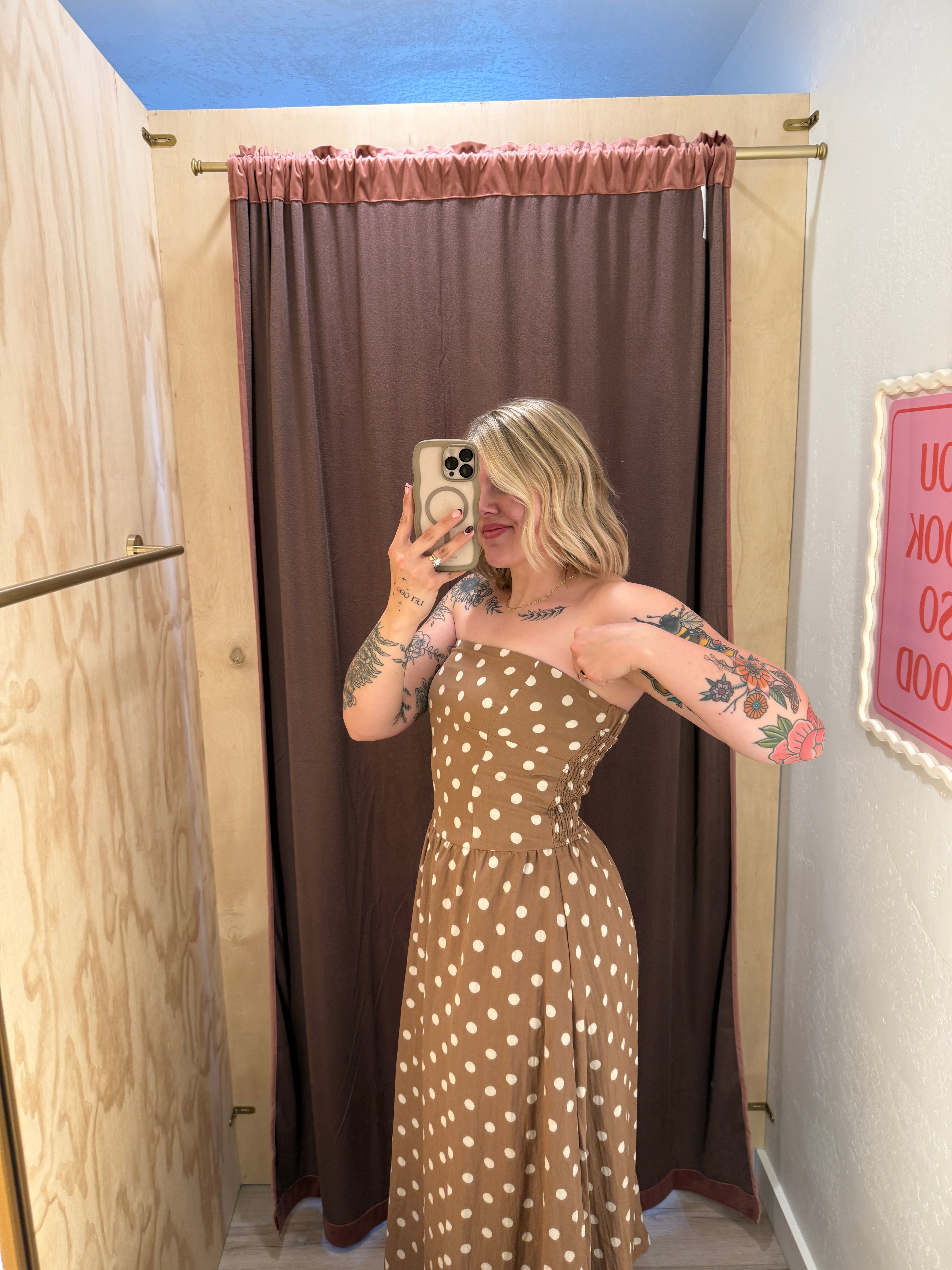 Mocha Dot Strapless Midi Dress