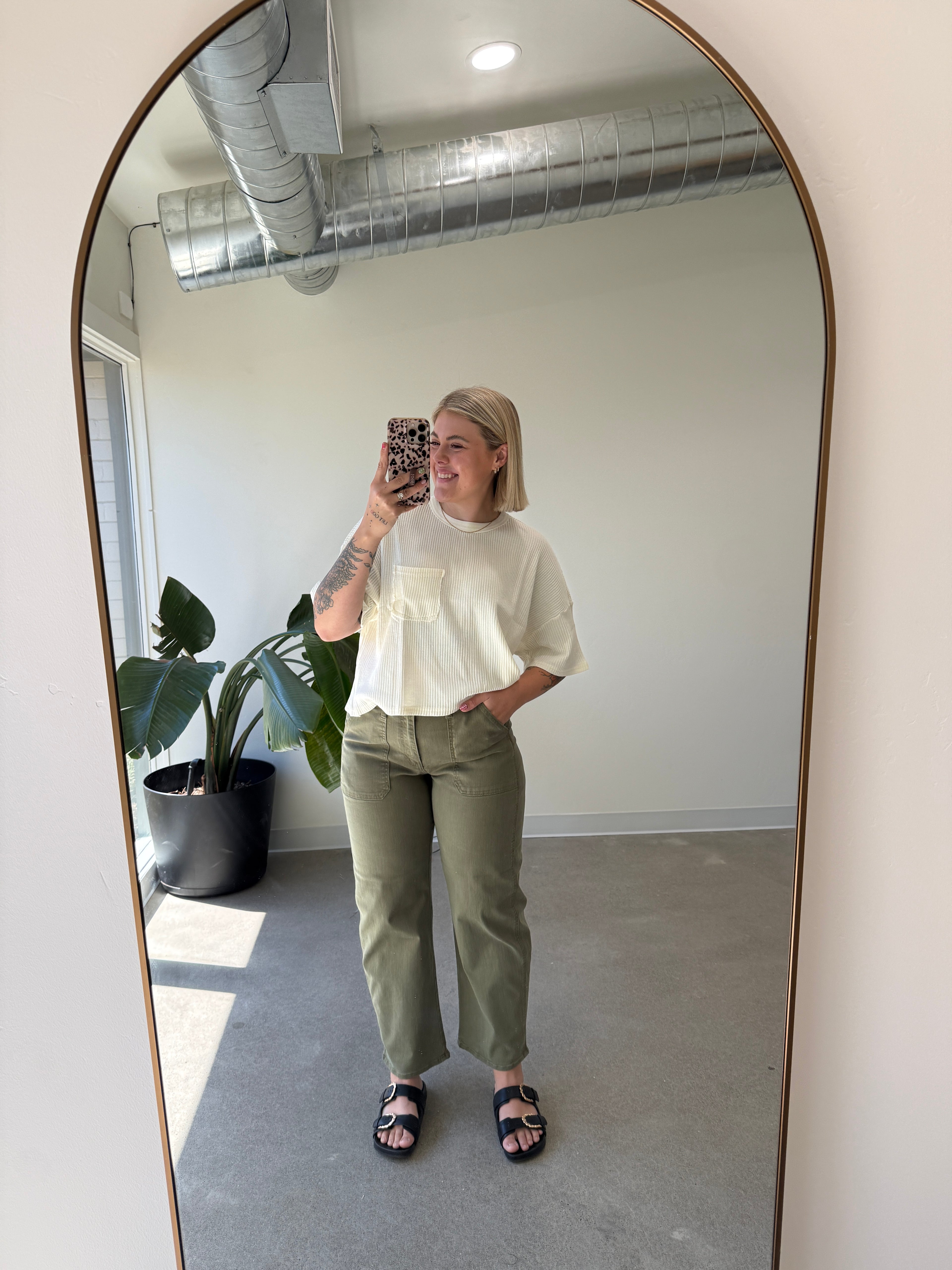Olive Twill Utility Barrel Jeans
