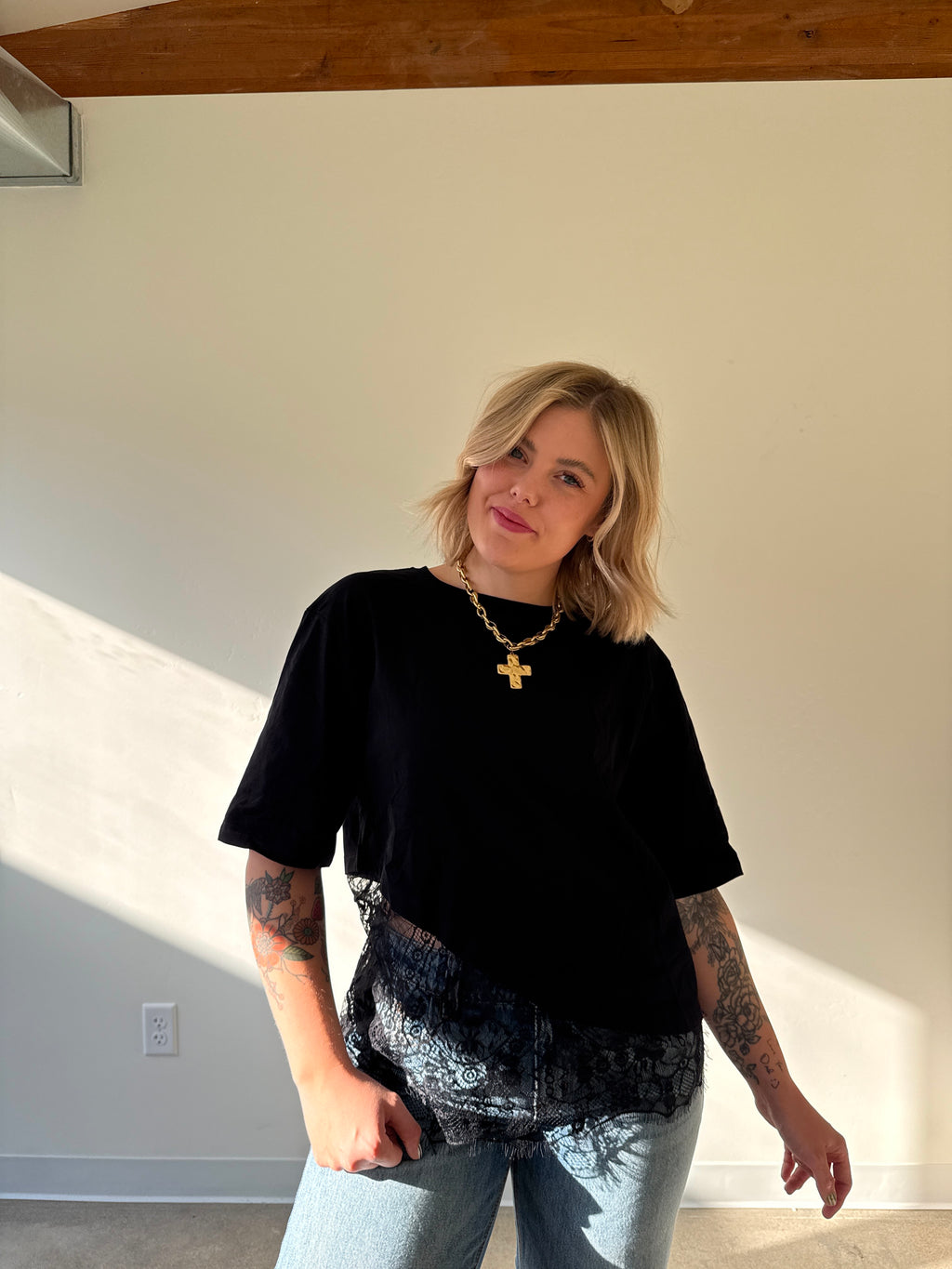 Black Asymmetrical Lace Tee