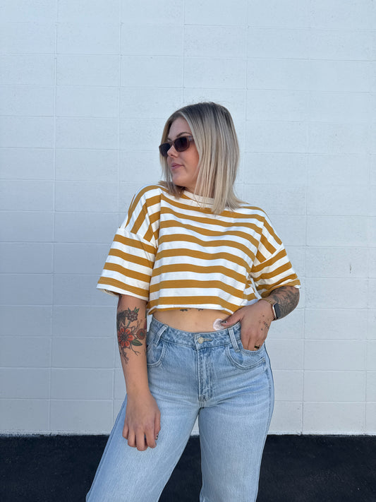 Mustard Striped Crop Tee