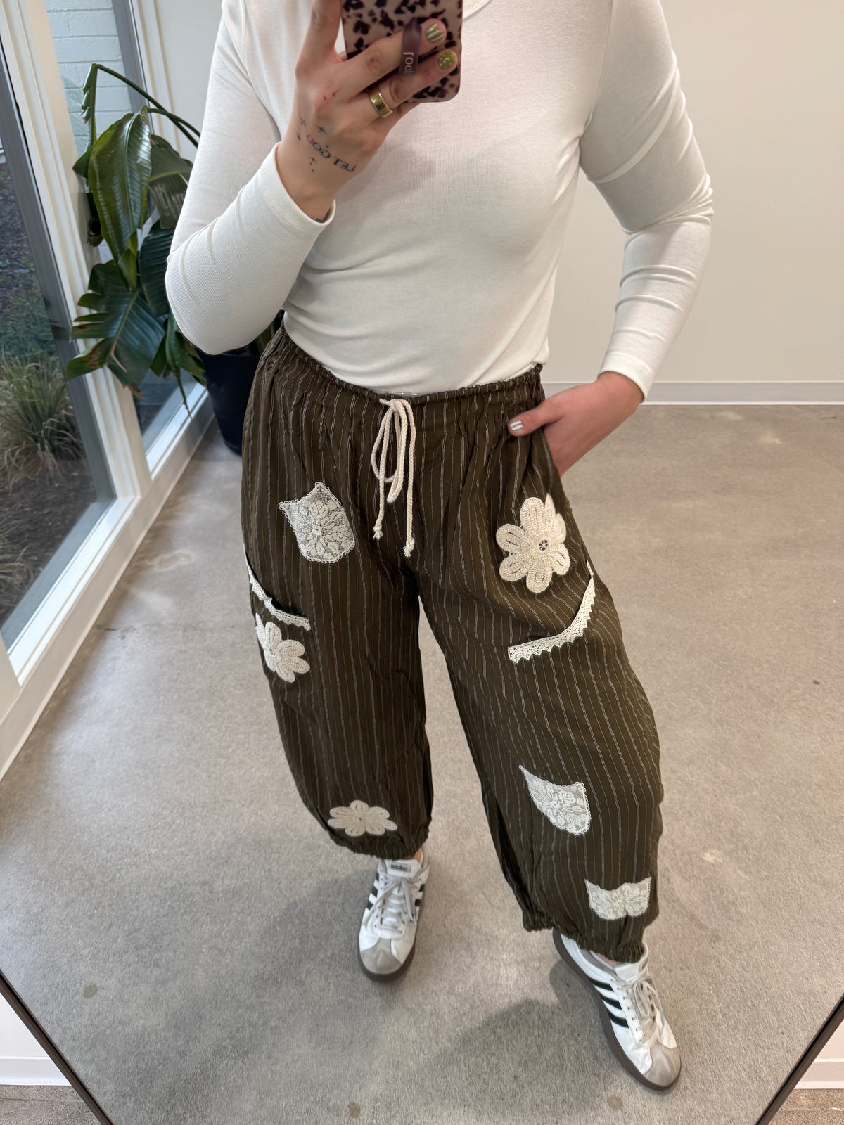 Olive Striped Crochet Pocket Joggers