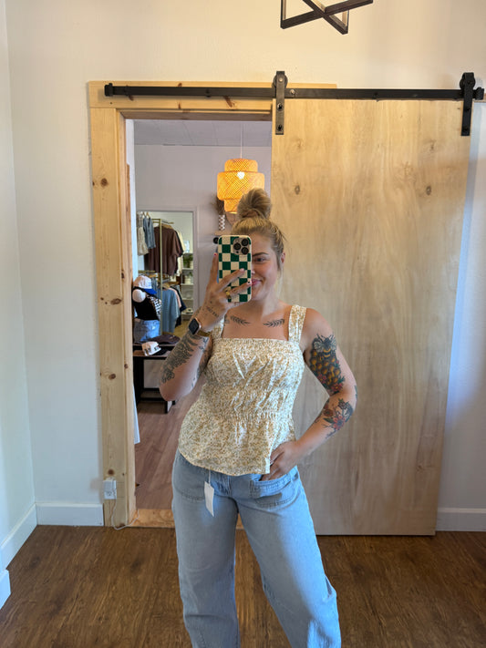 Floral Ruched Square Neck Top