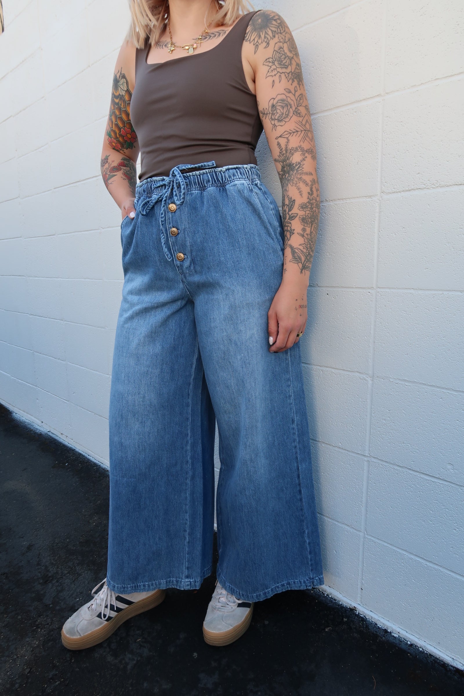 Washed Denim Button Fly Pants