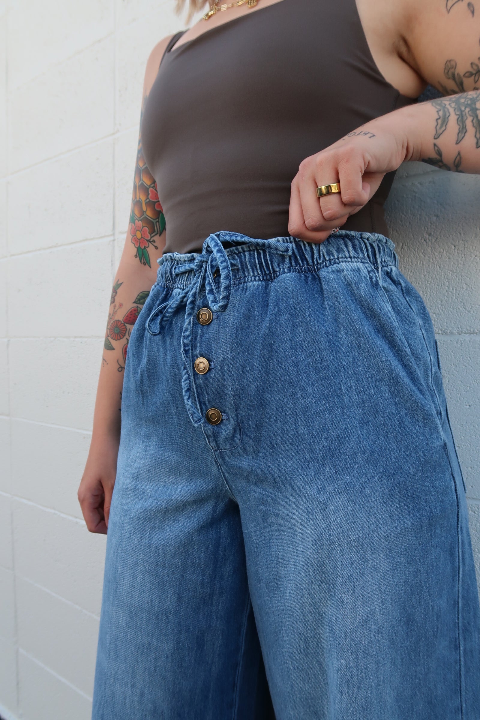 Washed Denim Button Fly Pants