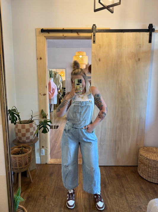 Washed + Distressed Denim Barrel Overalls