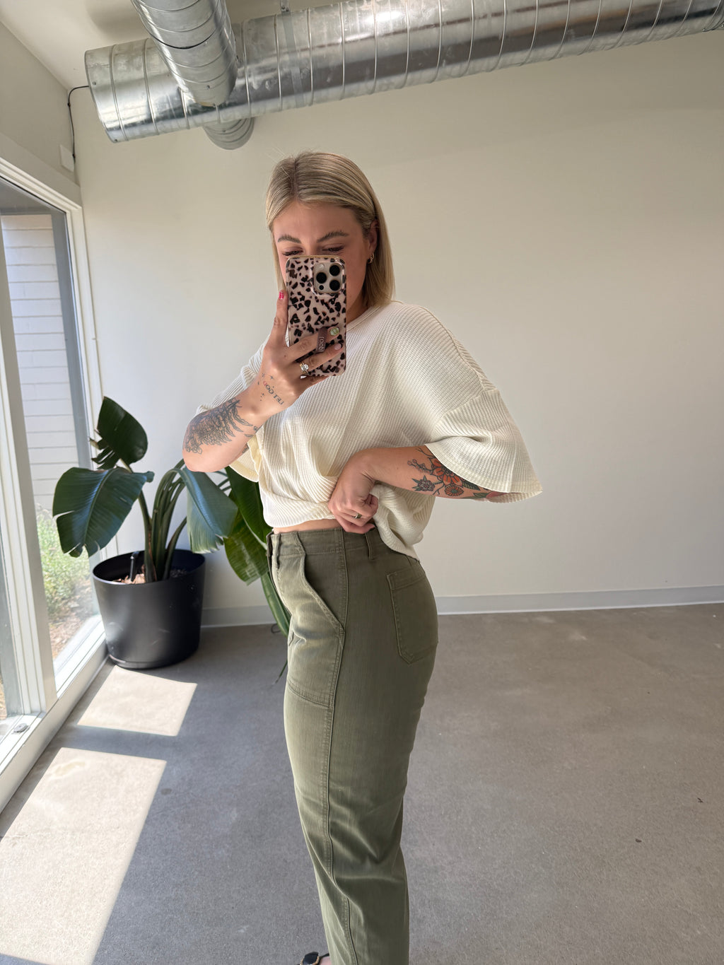 Olive Twill Utility Barrel Jeans