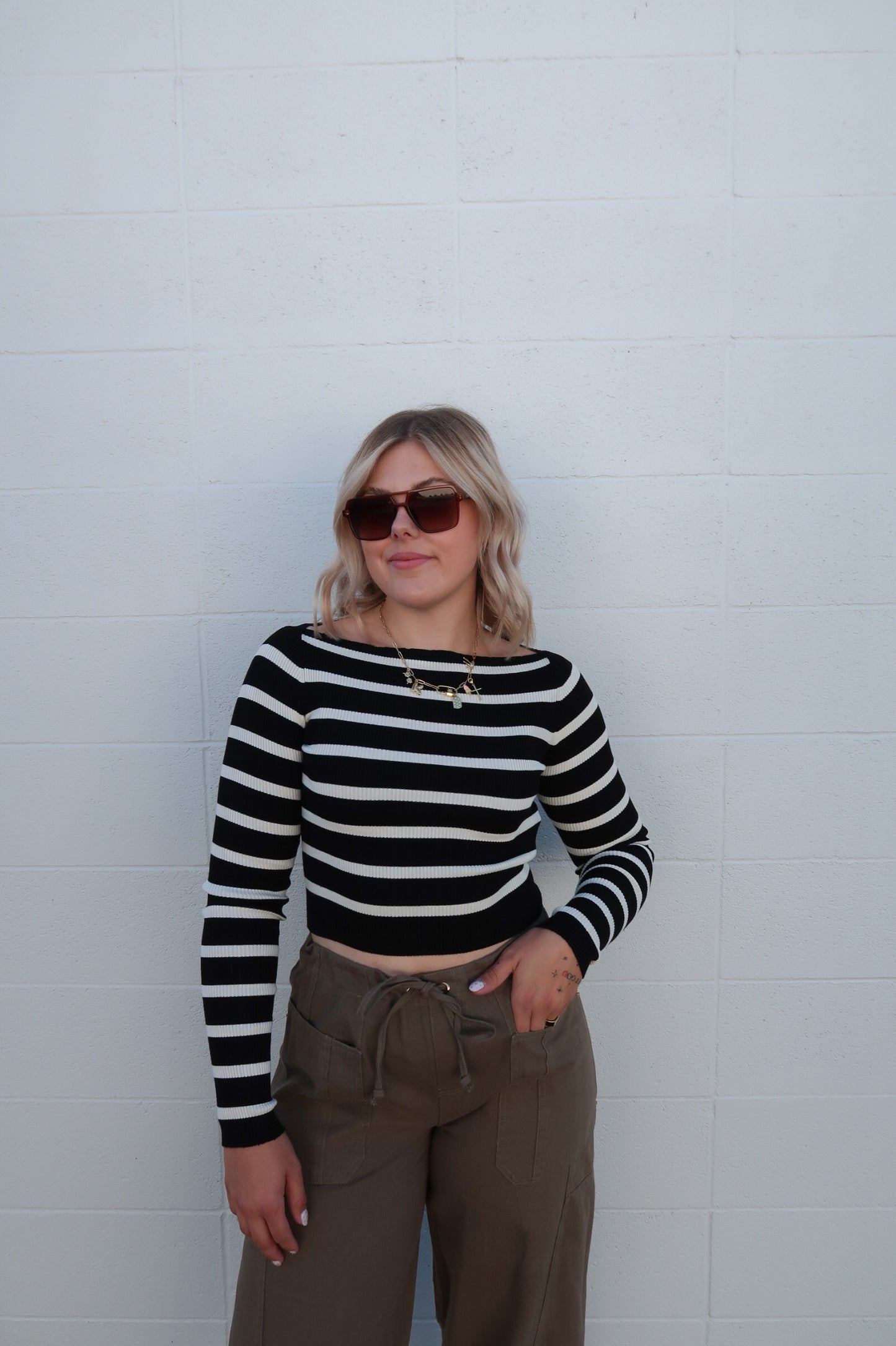 Striped Boatneck Long Sleeve Crop Knit Top