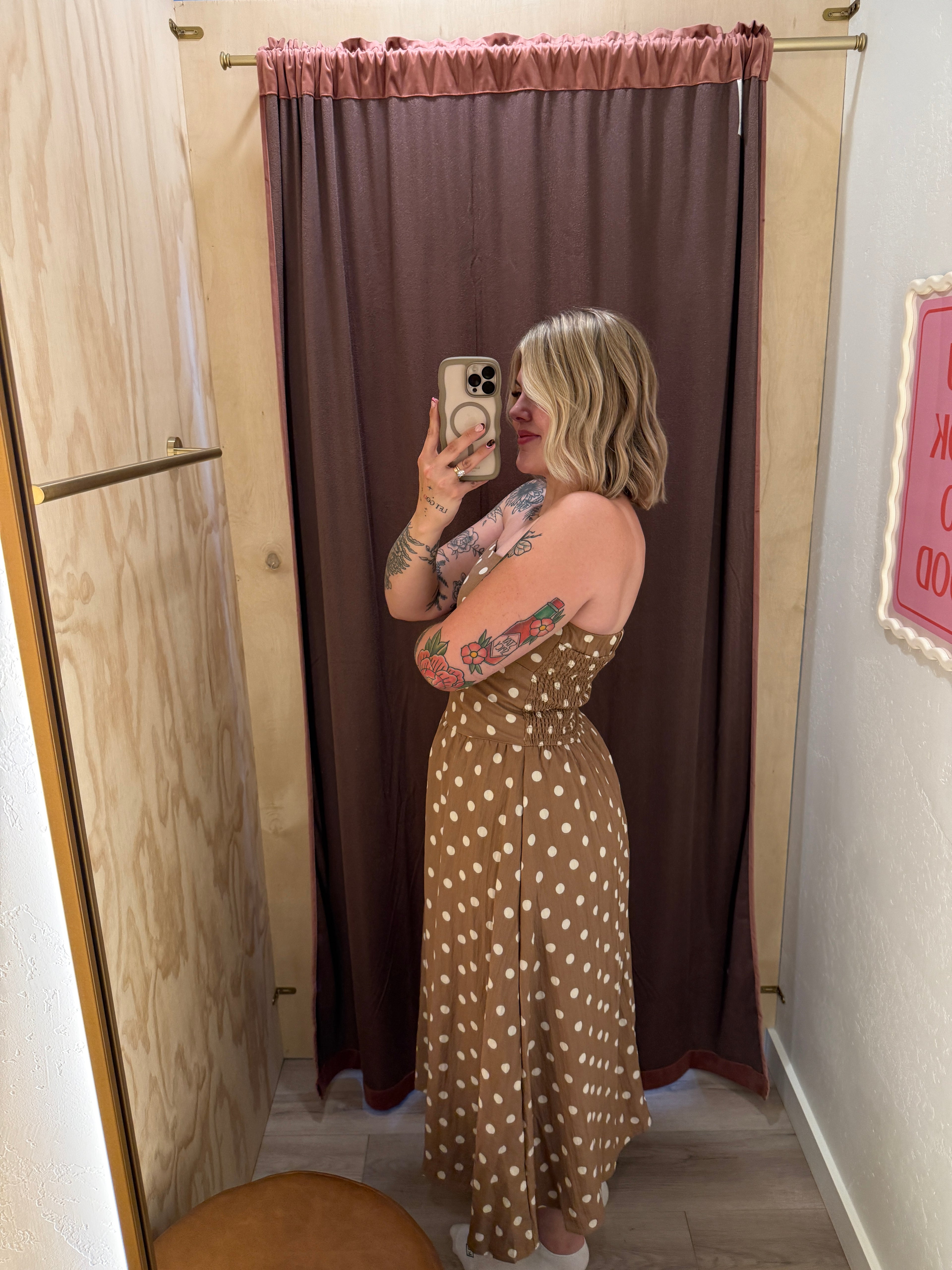 Mocha Dot Strapless Midi Dress