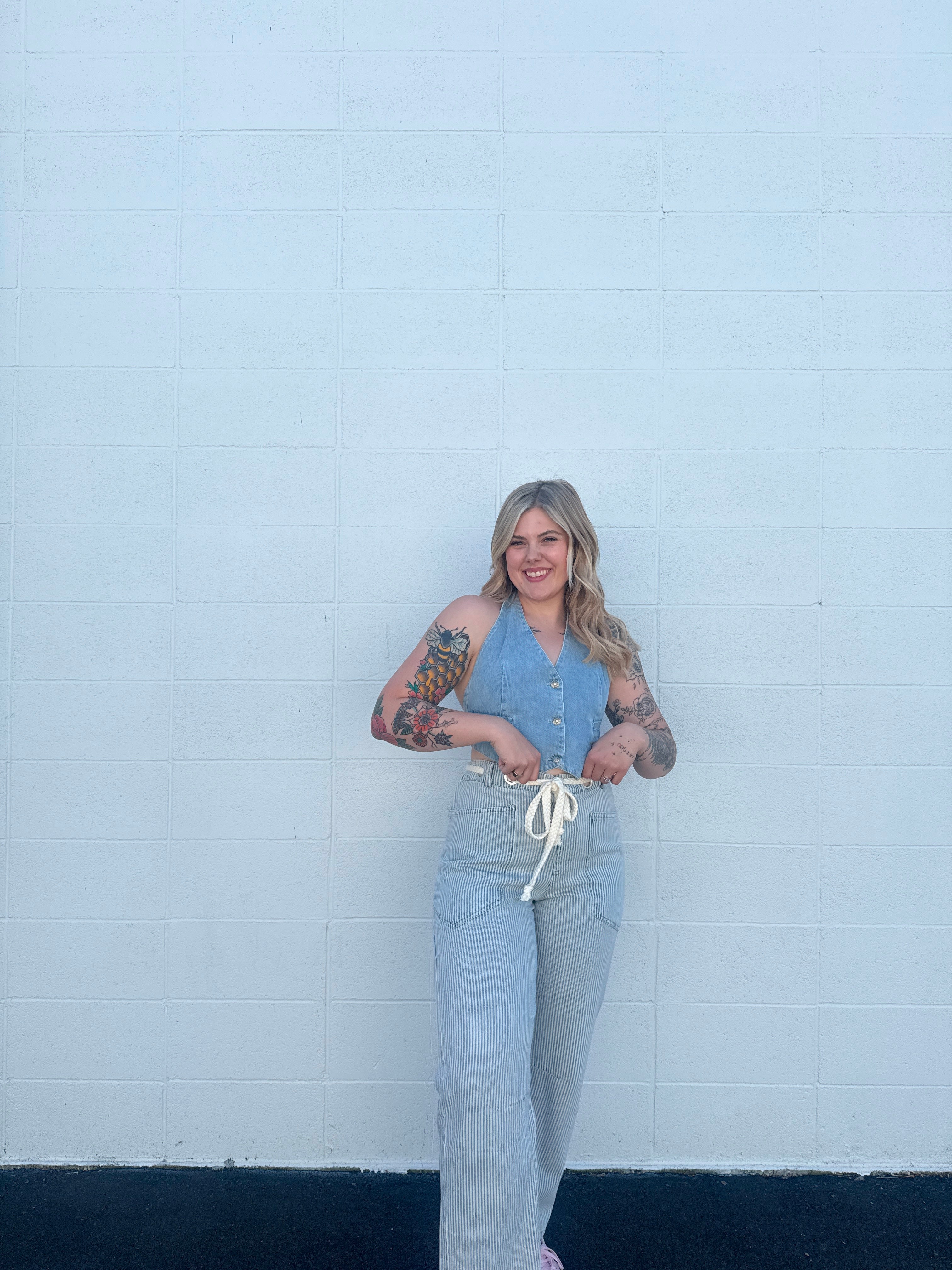 Eyelet Rope Striped Denim Pants