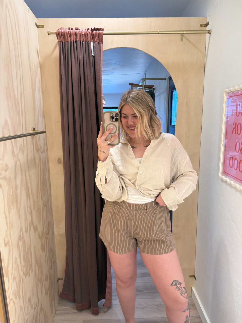 Mocha Striped Linen Blend Shorts