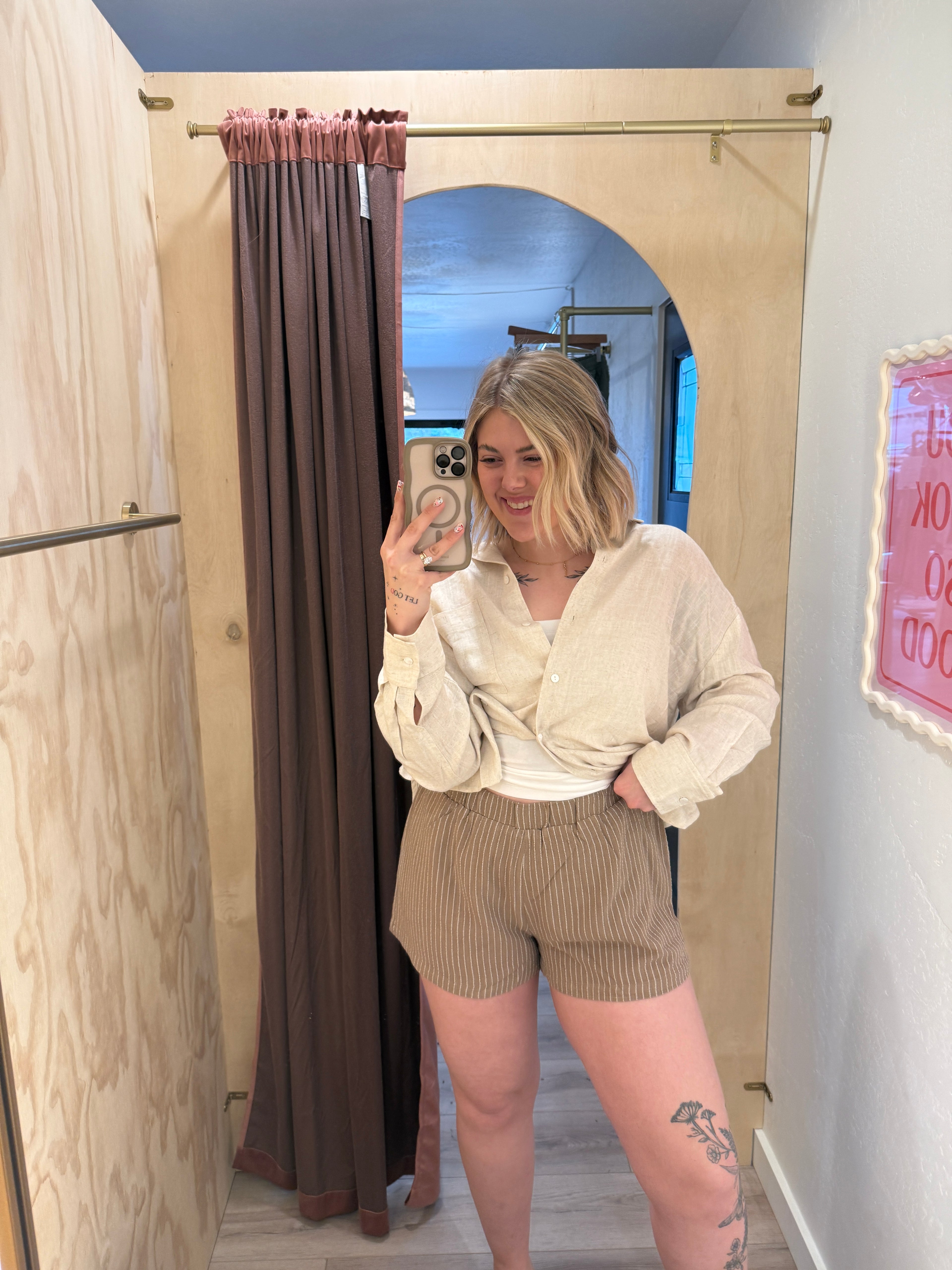 Mocha Striped Linen Blend Shorts