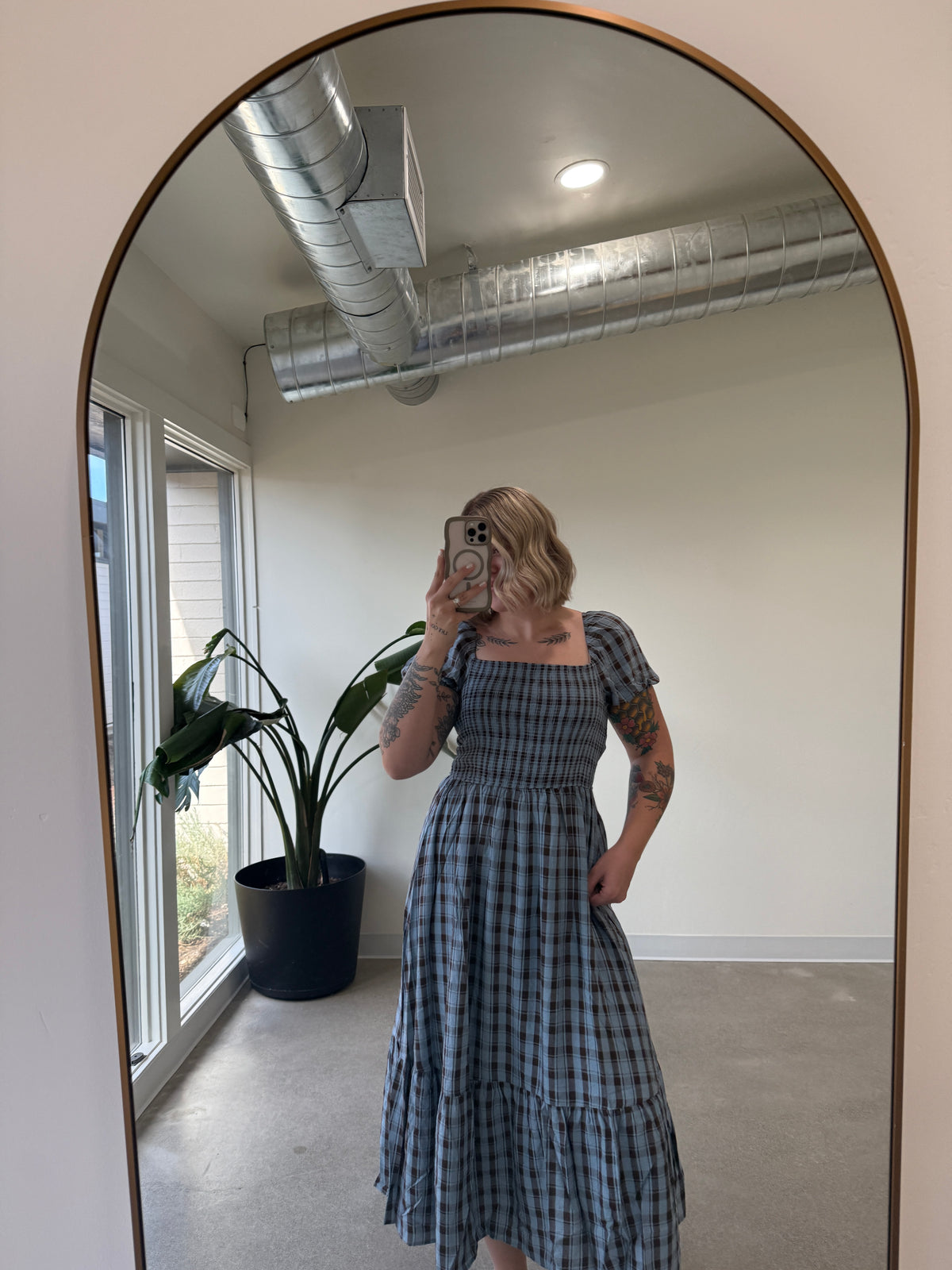 Smocked Plaid Midi Dress
