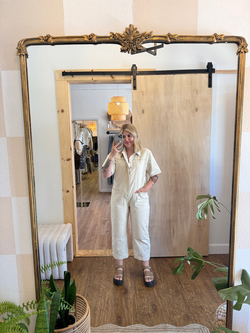 Cream Denim Short Sleeve Collared Jumpsuit