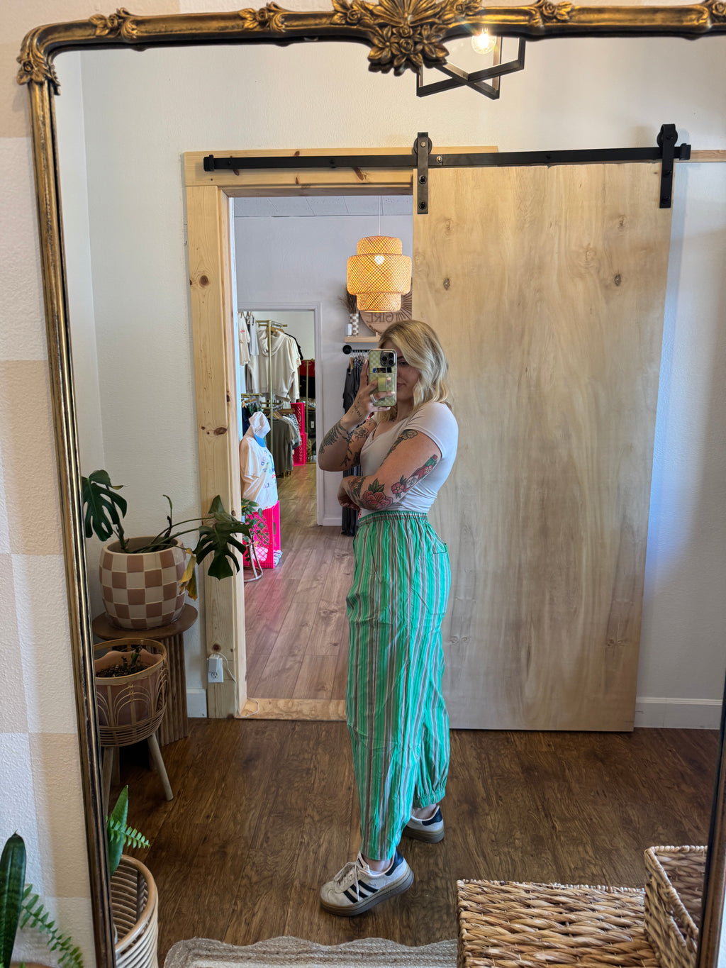 Electric Green Striped Parachute Pants