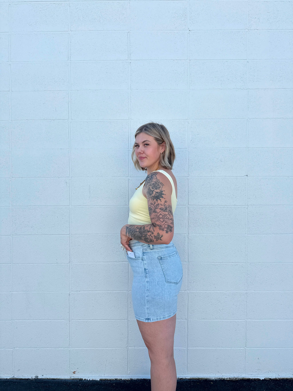 High Rise Drawstring Midi Denim Shorts