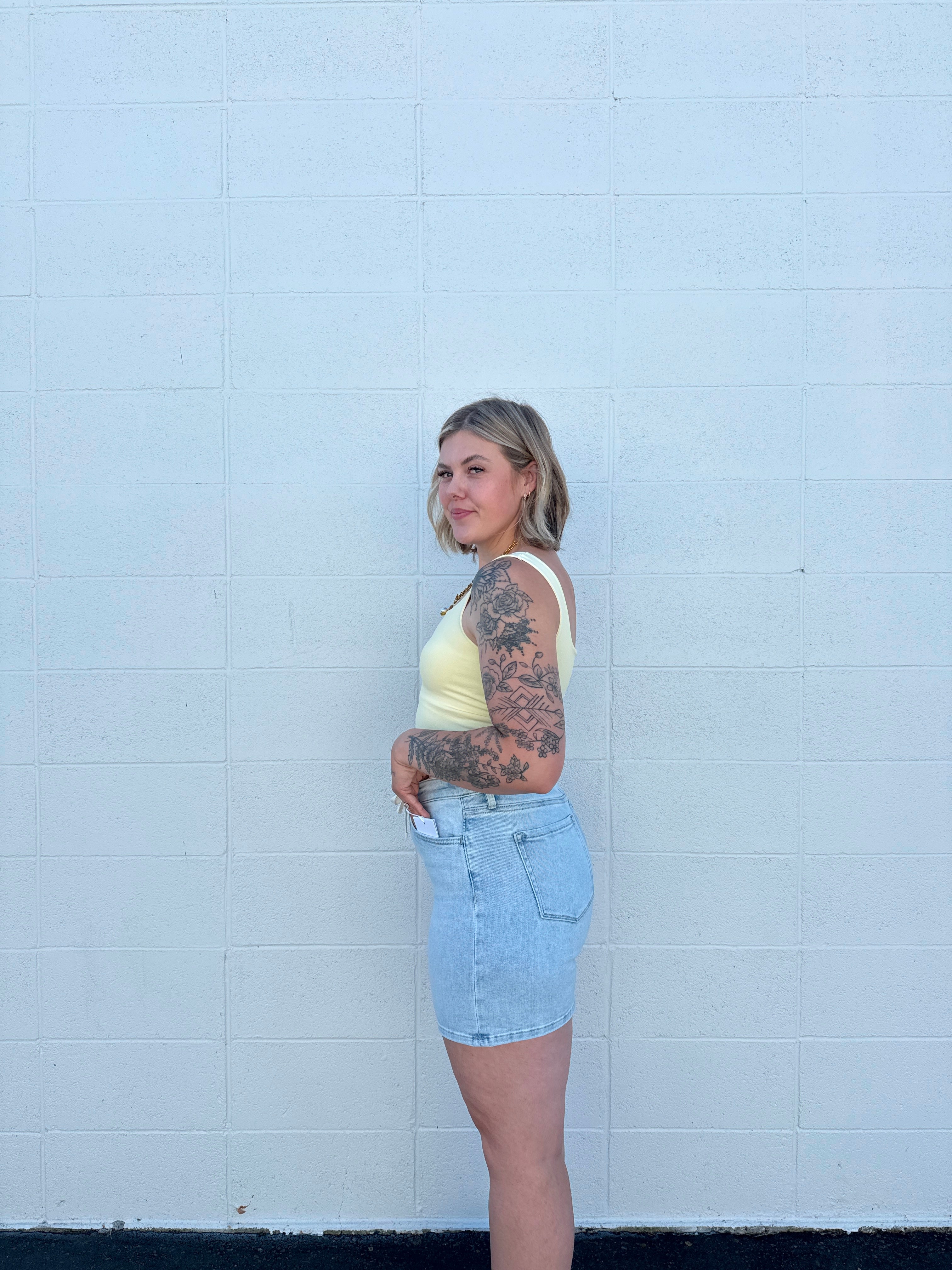 High Rise Drawstring Midi Denim Shorts