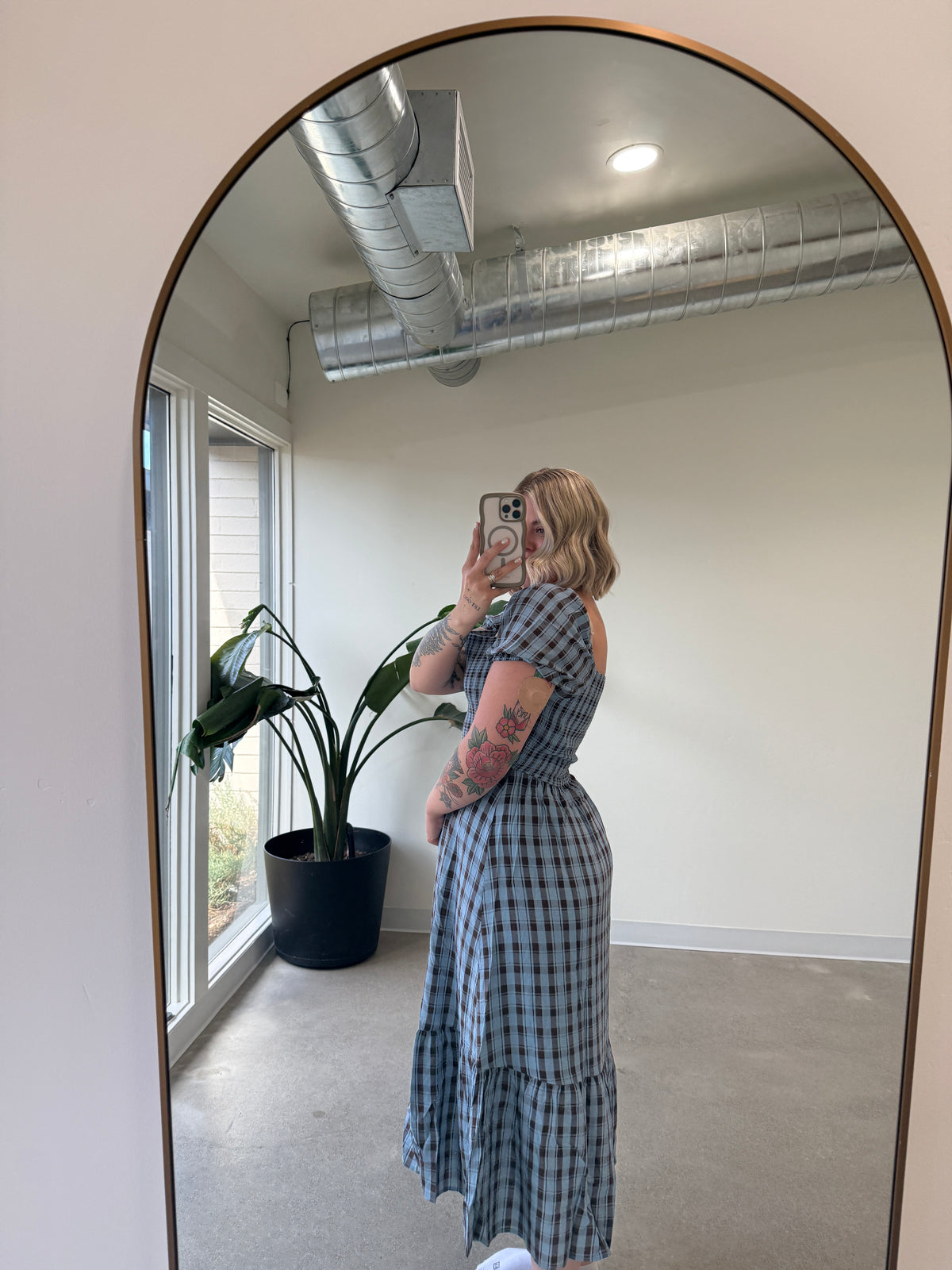 Smocked Plaid Midi Dress