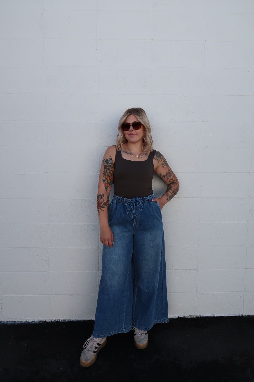 Washed Denim Button Fly Pants