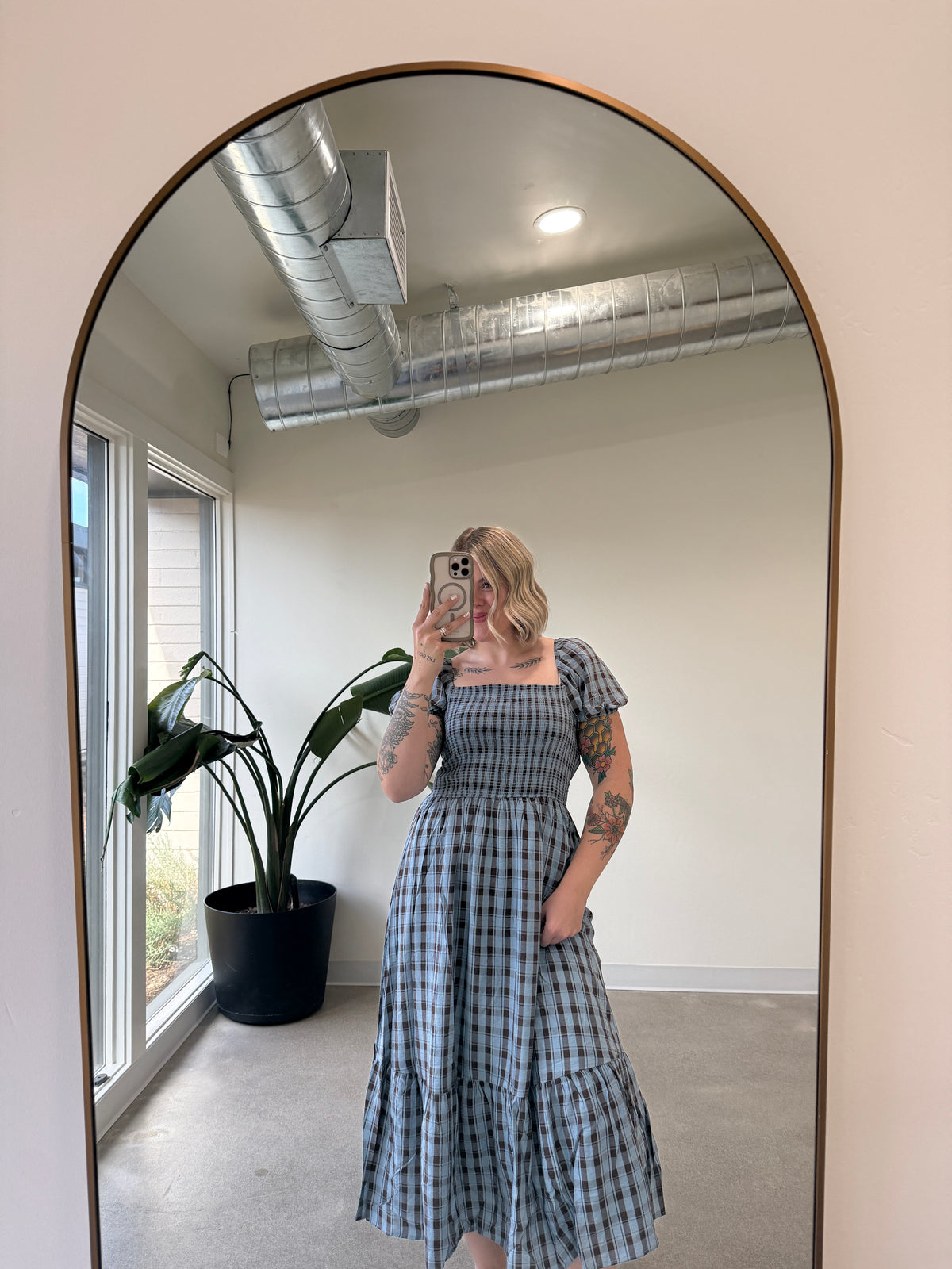 Smocked Plaid Midi Dress