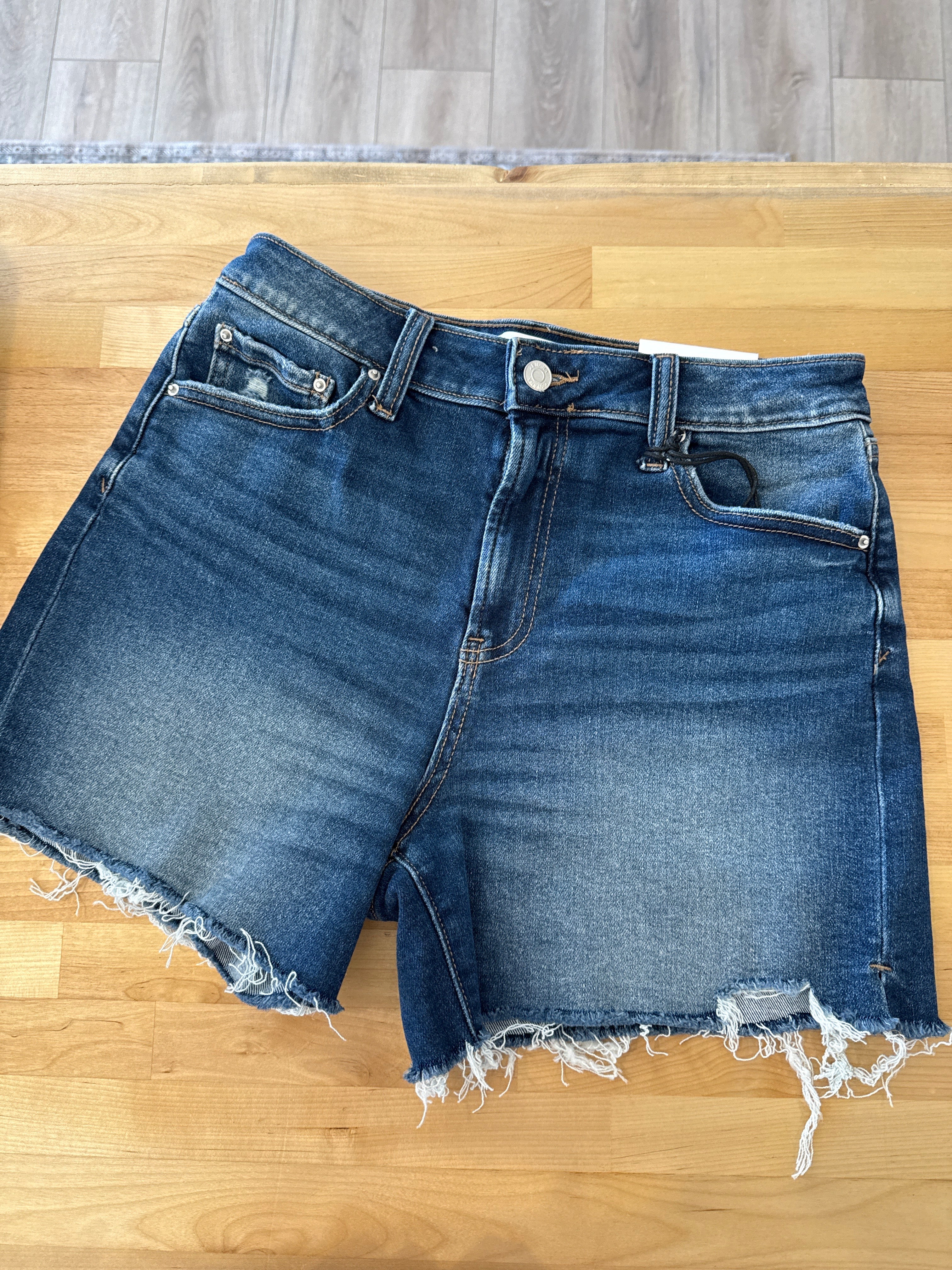 High Rise Dark Wash Distressed Denim Shorts