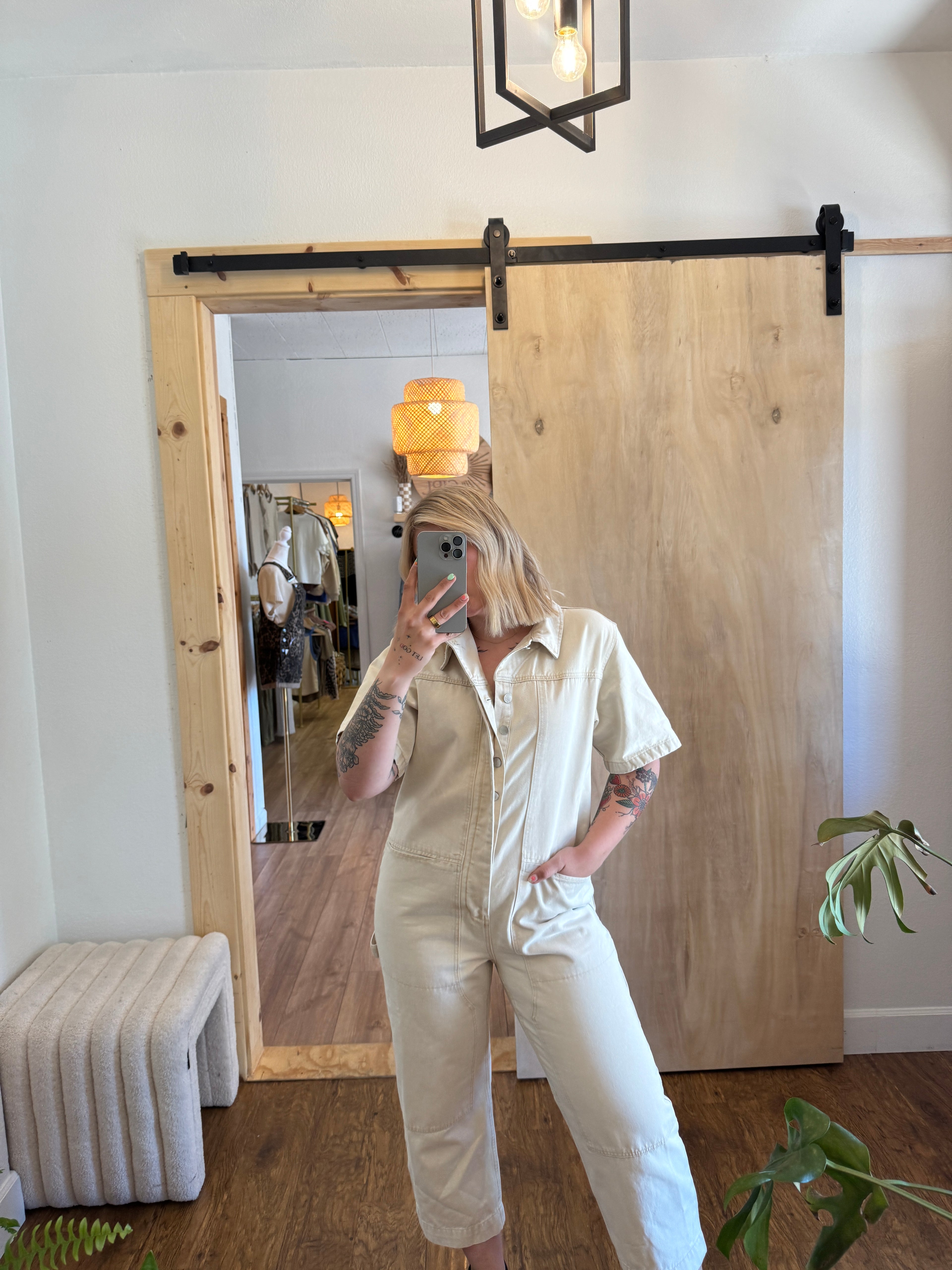 Cream Denim Short Sleeve Collared Jumpsuit