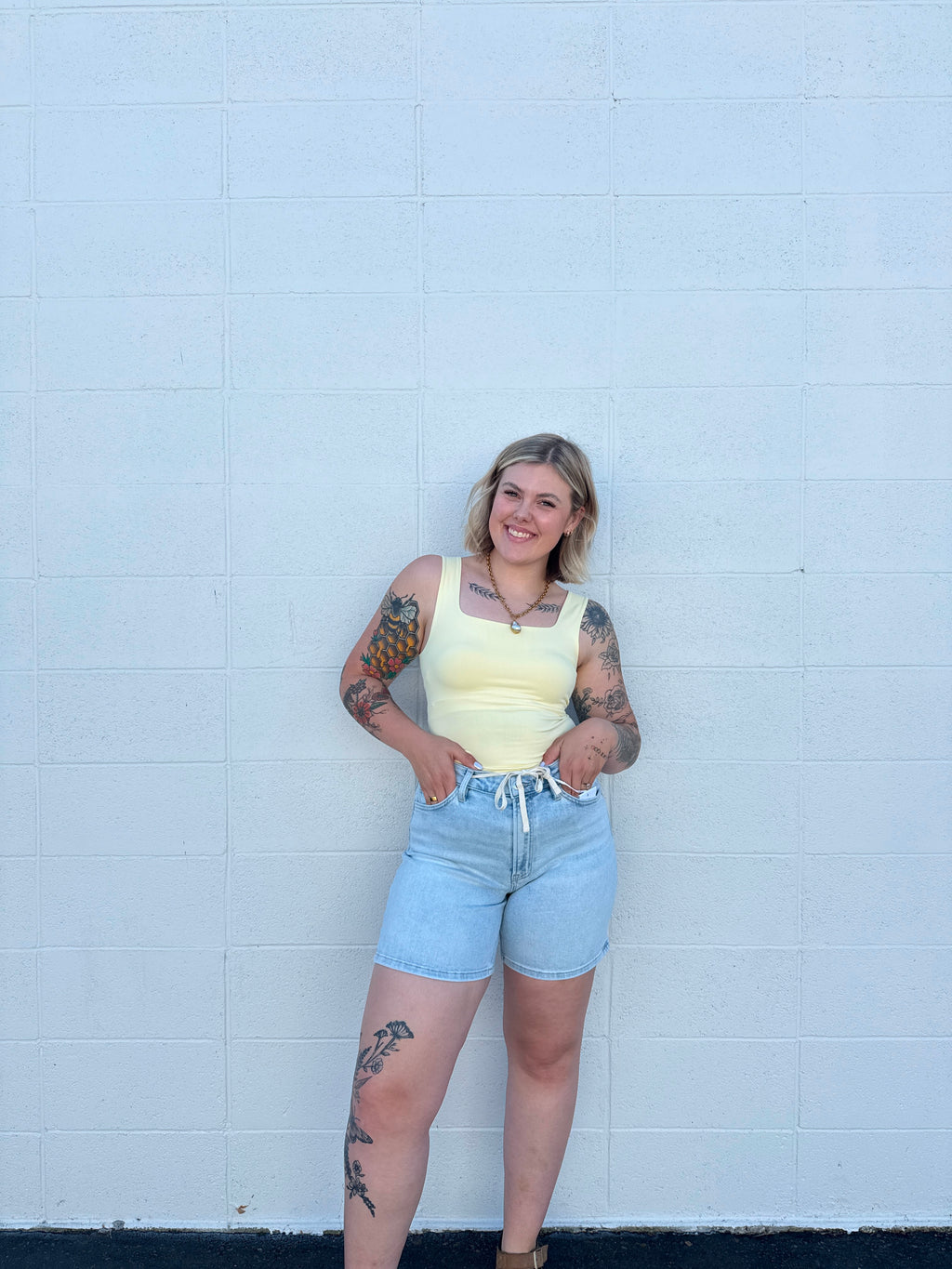 High Rise Drawstring Midi Denim Shorts