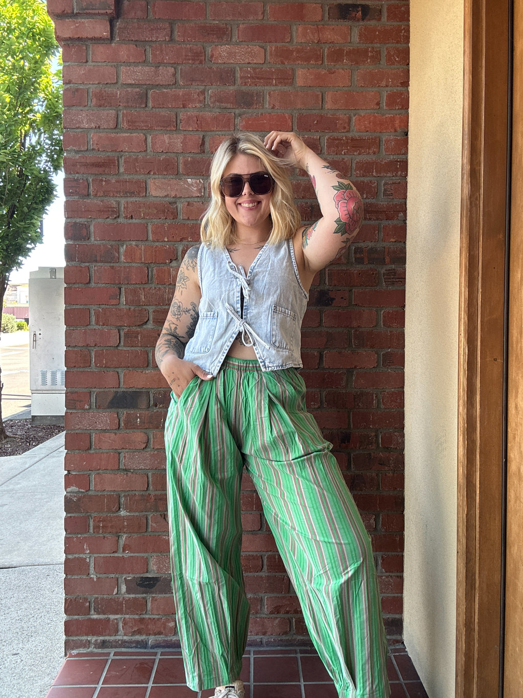 Electric Green Striped Parachute Pants