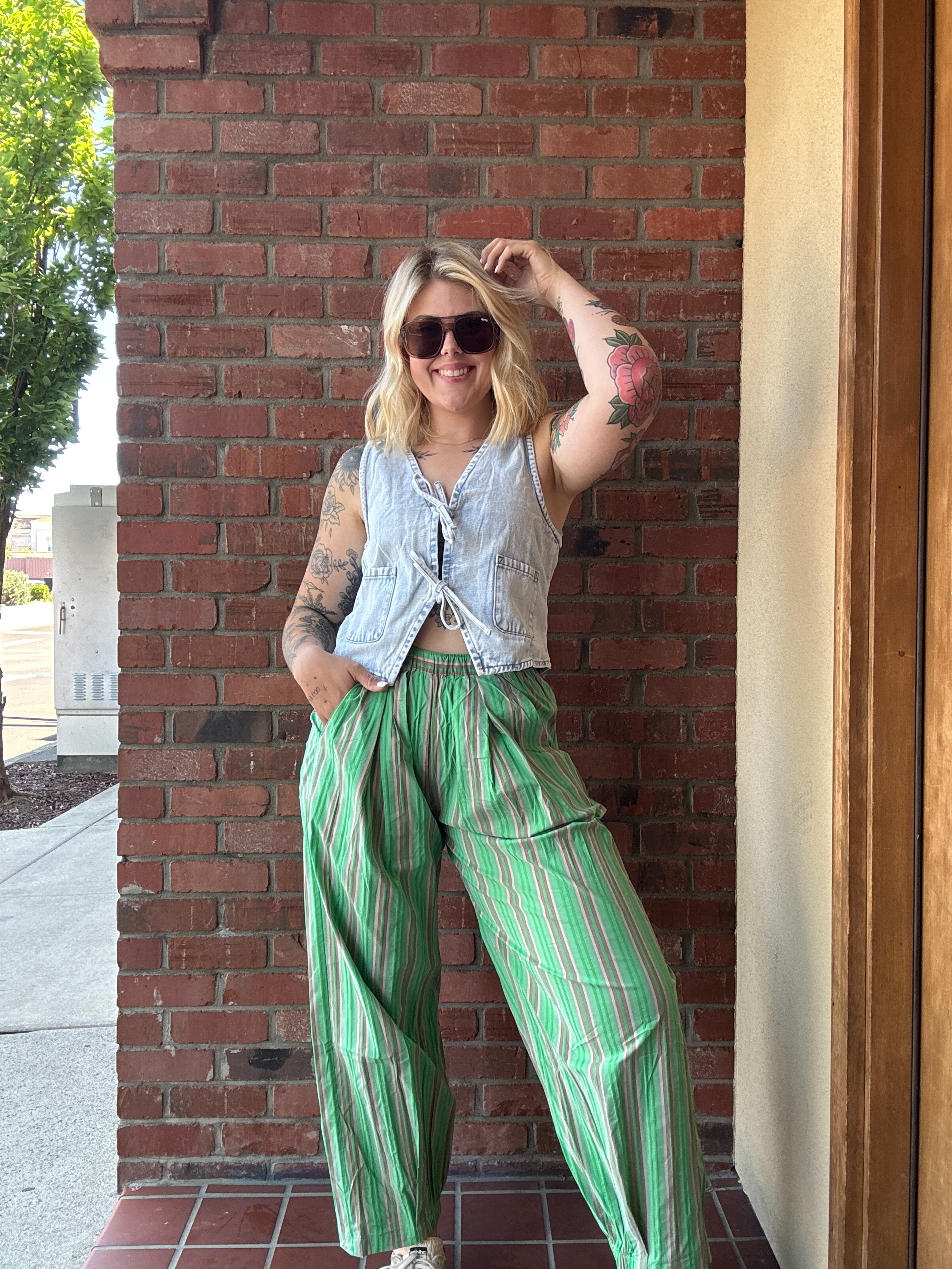 Electric Green Striped Parachute Pants