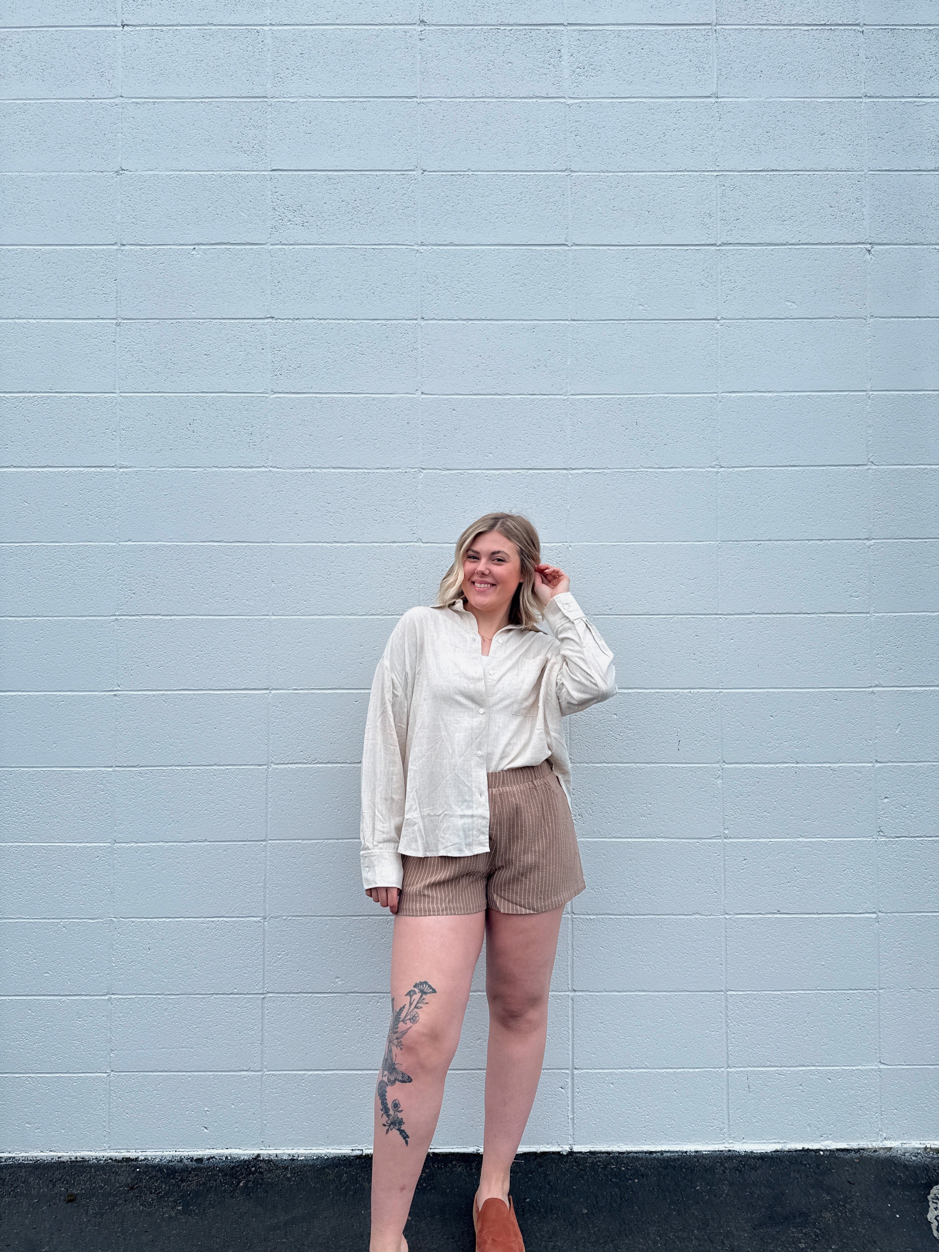 Mocha Striped Linen Blend Shorts